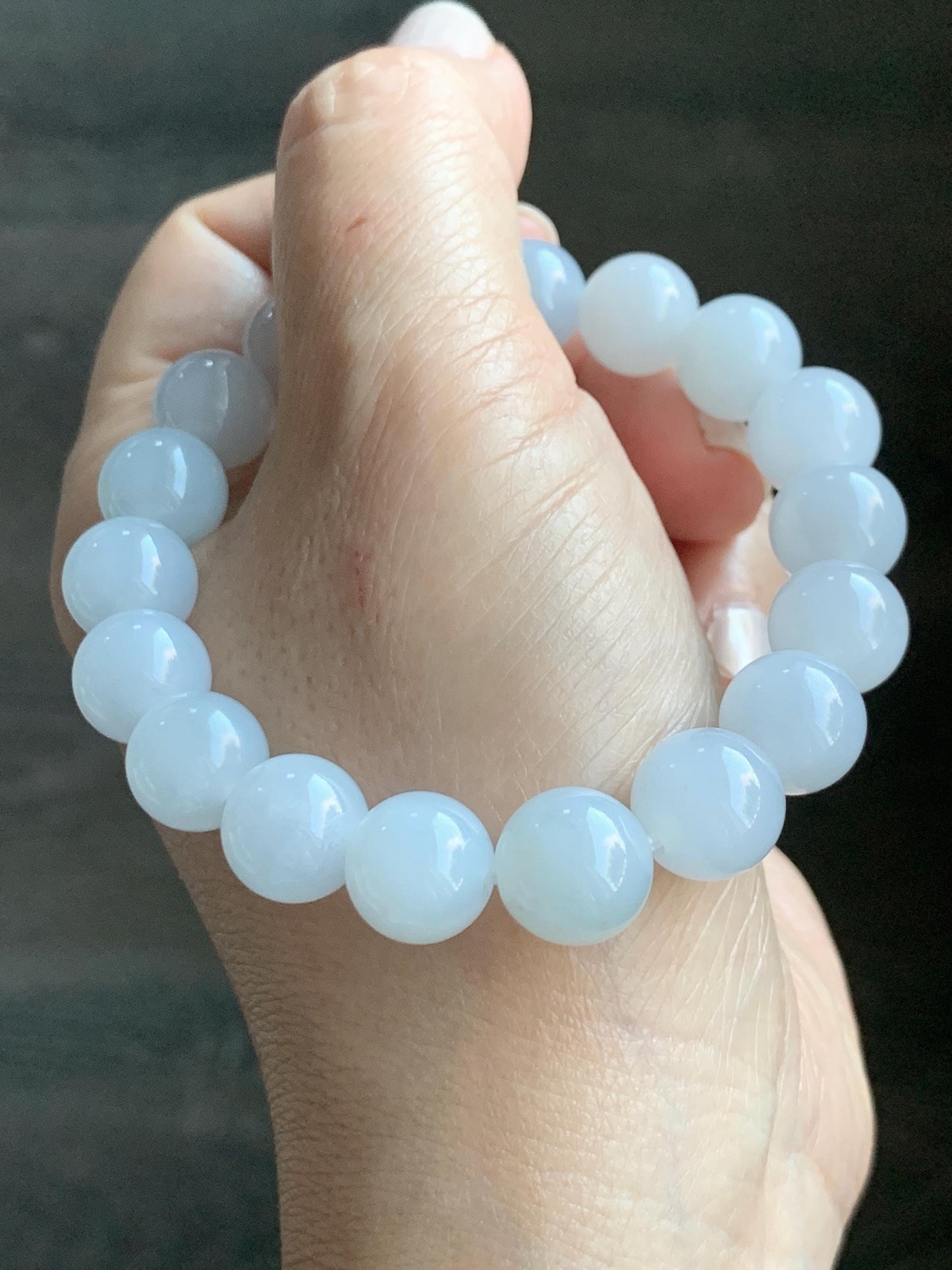 Certified Natural Grade A Icy Translucent Gelatinous Icy White Golden Marbled Jade Jadeite Beaded Bracelet 11mm 7.25” 天然老种冰胶淡蓝底撒金翡翠圆珠手串 734