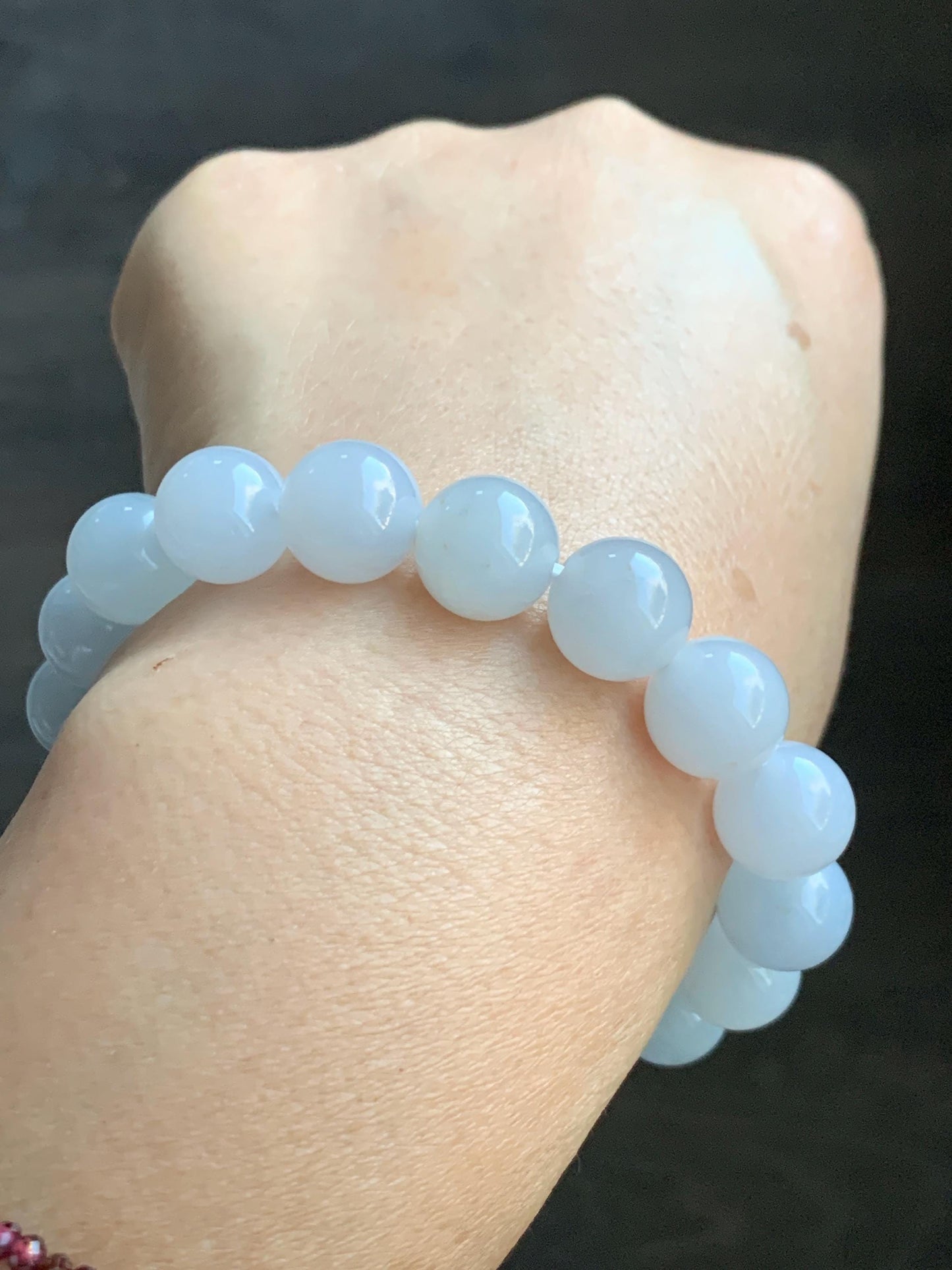 Certified Natural Grade A Icy Translucent Gelatinous Icy White Golden Marbled Jade Jadeite Beaded Bracelet 11mm 7.25” 天然老种冰胶淡蓝底撒金翡翠圆珠手串 734