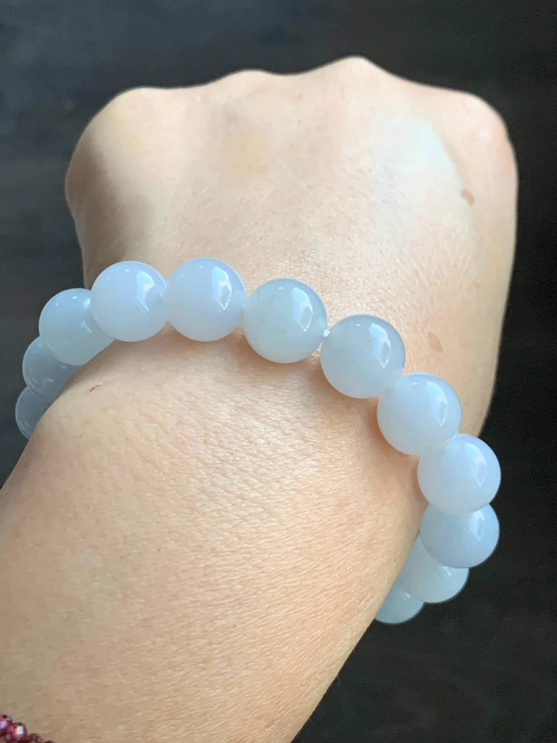 Certified Natural Grade A Icy Translucent Gelatinous Icy White Golden Marbled Jade Jadeite Beaded Bracelet 11mm 7.25” 天然老种冰胶淡蓝底撒金翡翠圆珠手串 734
