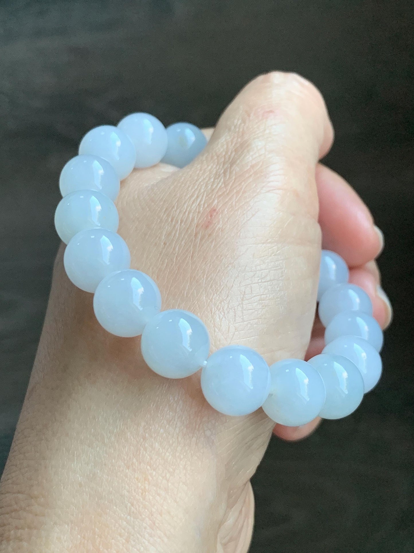 Certified Natural Grade A Icy Translucent Gelatinous Icy White Golden Marbled Jade Jadeite Beaded Bracelet 11mm 7.25” 天然老种冰胶淡蓝底撒金翡翠圆珠手串 734