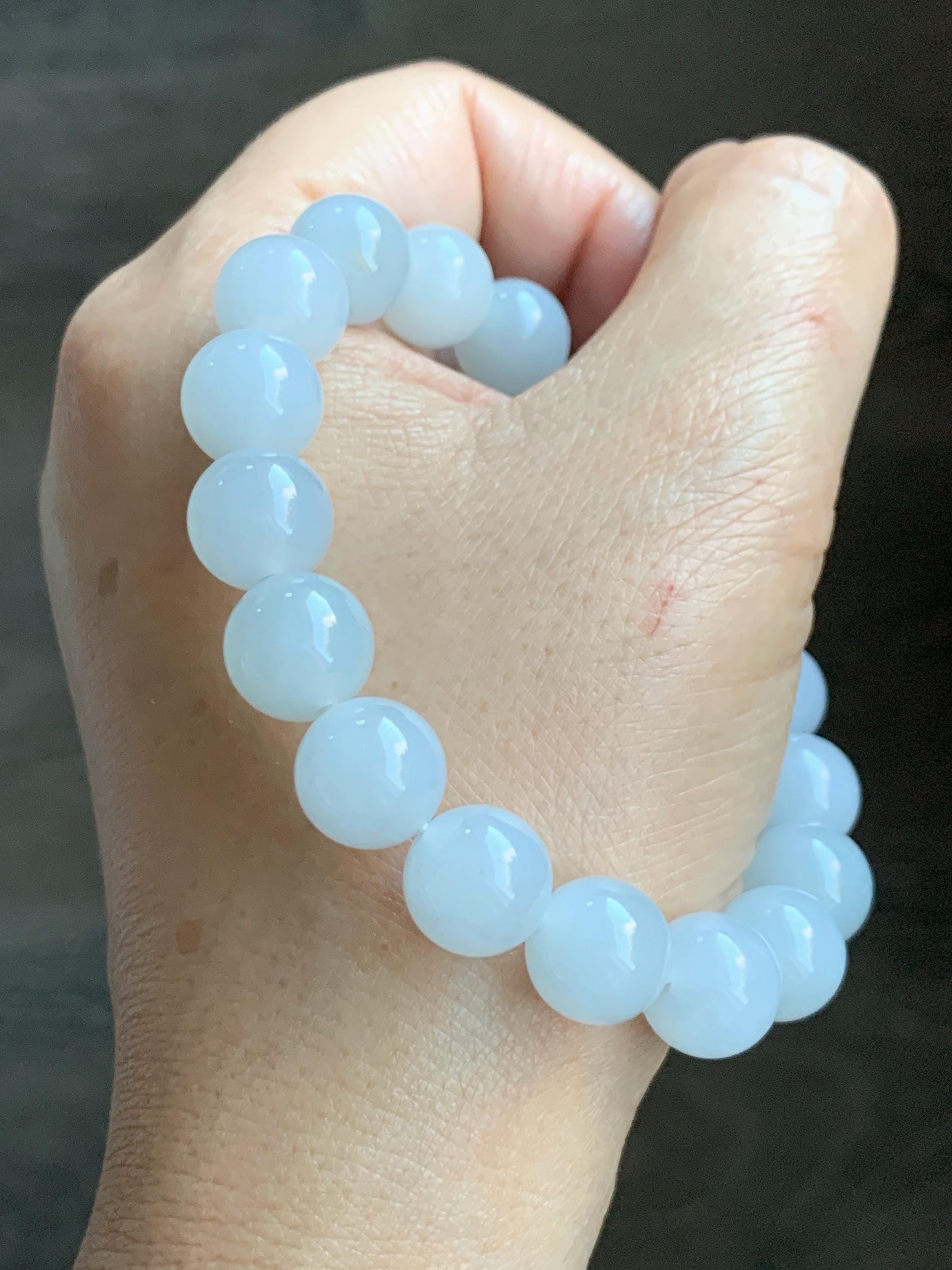 Certified Natural Grade A Icy Translucent Gelatinous Icy White Golden Marbled Jade Jadeite Beaded Bracelet 11mm 7.25” 天然老种冰胶淡蓝底撒金翡翠圆珠手串 734