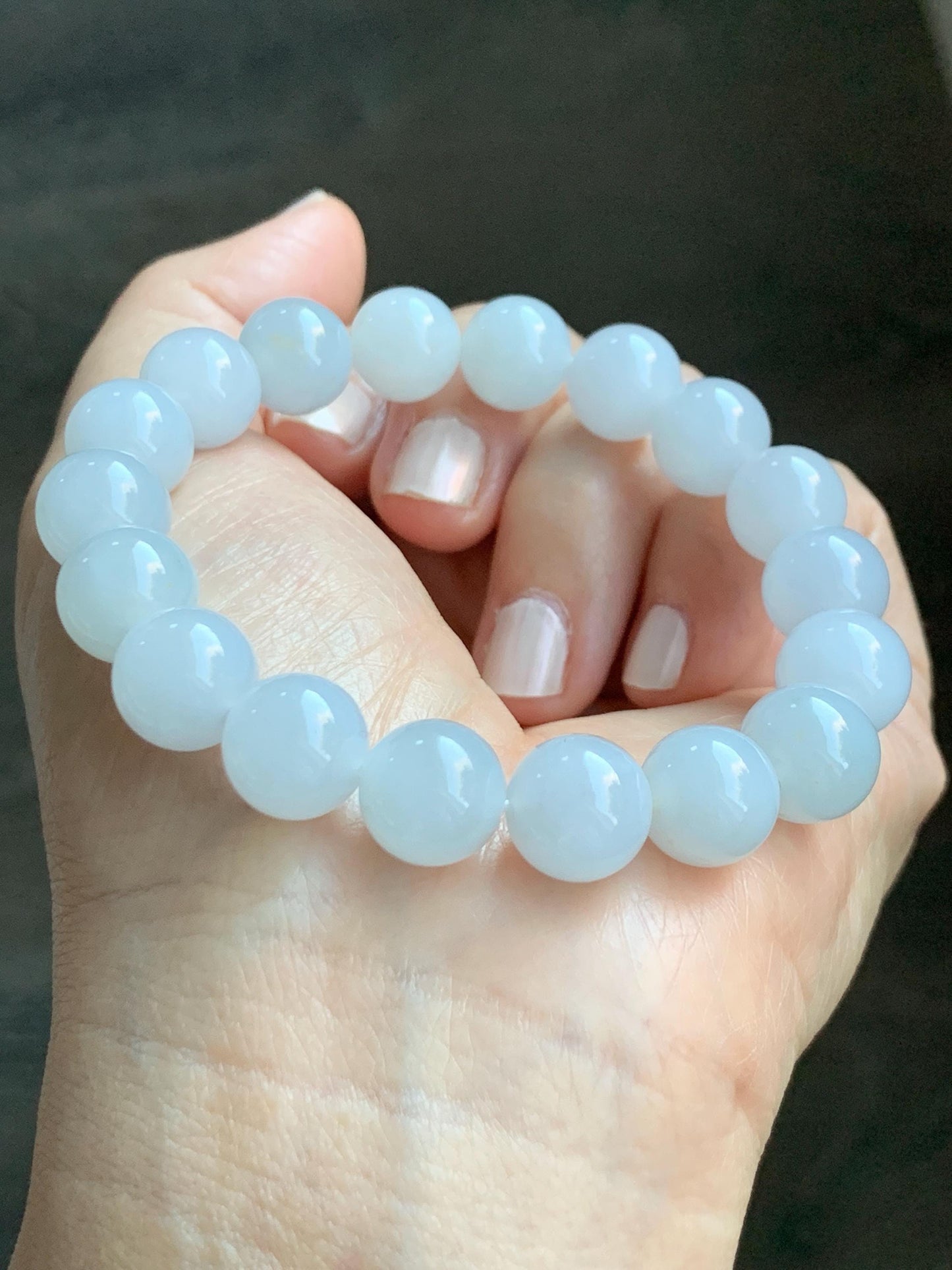 Certified Natural Grade A Icy Translucent Gelatinous Icy White Golden Marbled Jade Jadeite Beaded Bracelet 11mm 7.25” 天然老种冰胶淡蓝底撒金翡翠圆珠手串 734