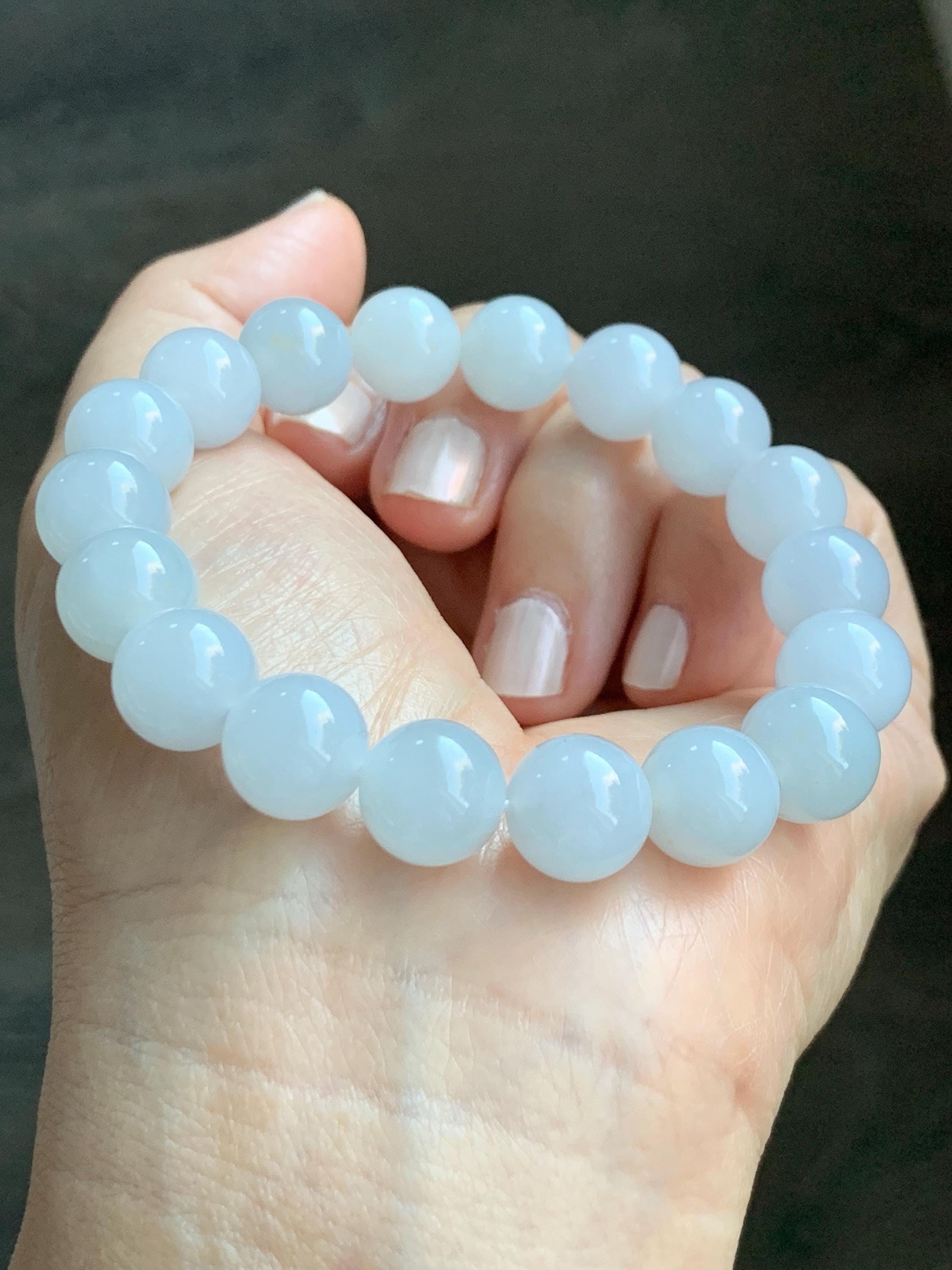 Certified Natural Grade A Icy Translucent Gelatinous Icy White Golden Marbled Jade Jadeite Beaded Bracelet 11mm 7.25” 天然老种冰胶淡蓝底撒金翡翠圆珠手串 734