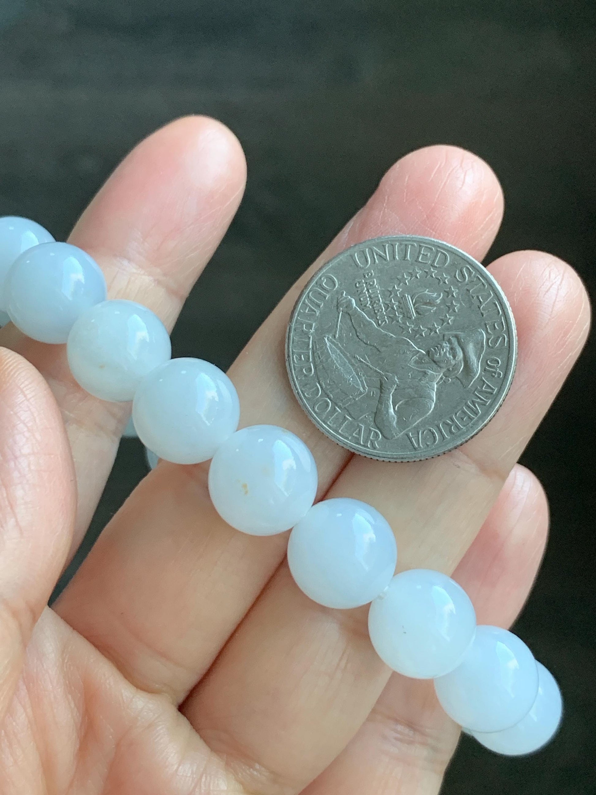 Certified Natural Grade A Icy Translucent Gelatinous Icy White Golden Marbled Jade Jadeite Beaded Bracelet 11mm 7.25” 天然老种冰胶淡蓝底撒金翡翠圆珠手串 734