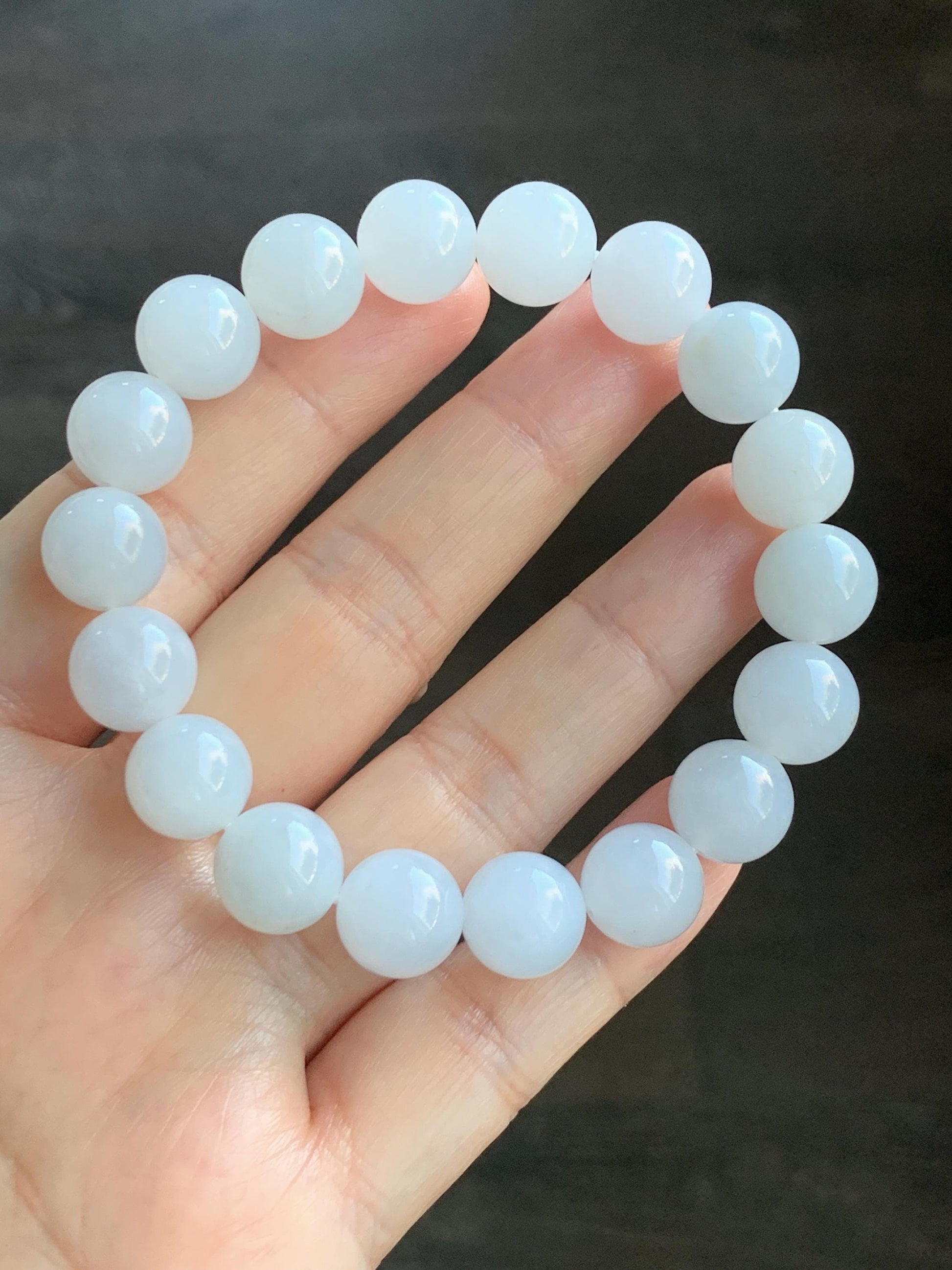 Certified Natural Grade A Icy Translucent Gelatinous Icy White Golden Marbled Jade Jadeite Beaded Bracelet 11mm 7.25” 天然老种冰胶淡蓝底撒金翡翠圆珠手串 734