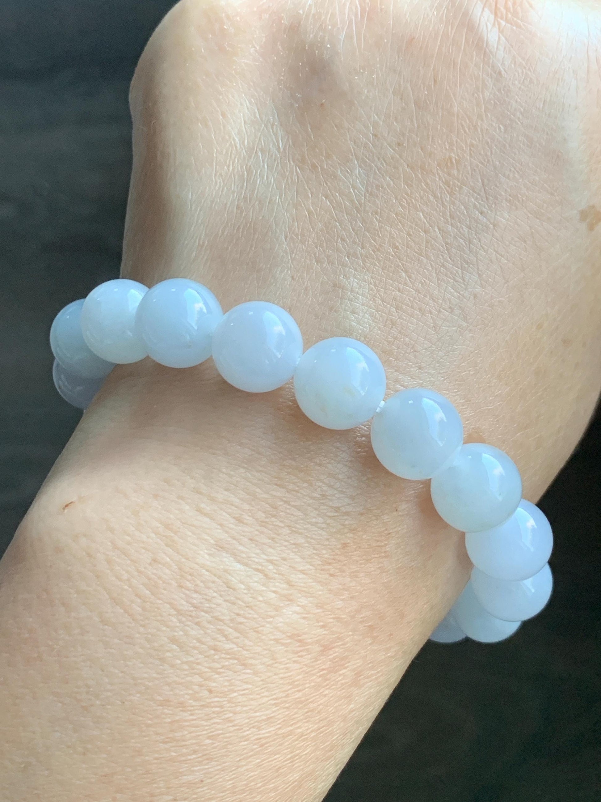 Certified Natural Grade A Icy Translucent Gelatinous Icy White Golden Marbled Jade Jadeite Beaded Bracelet 11mm 7.25” 天然老种冰胶淡蓝底撒金翡翠圆珠手串 734