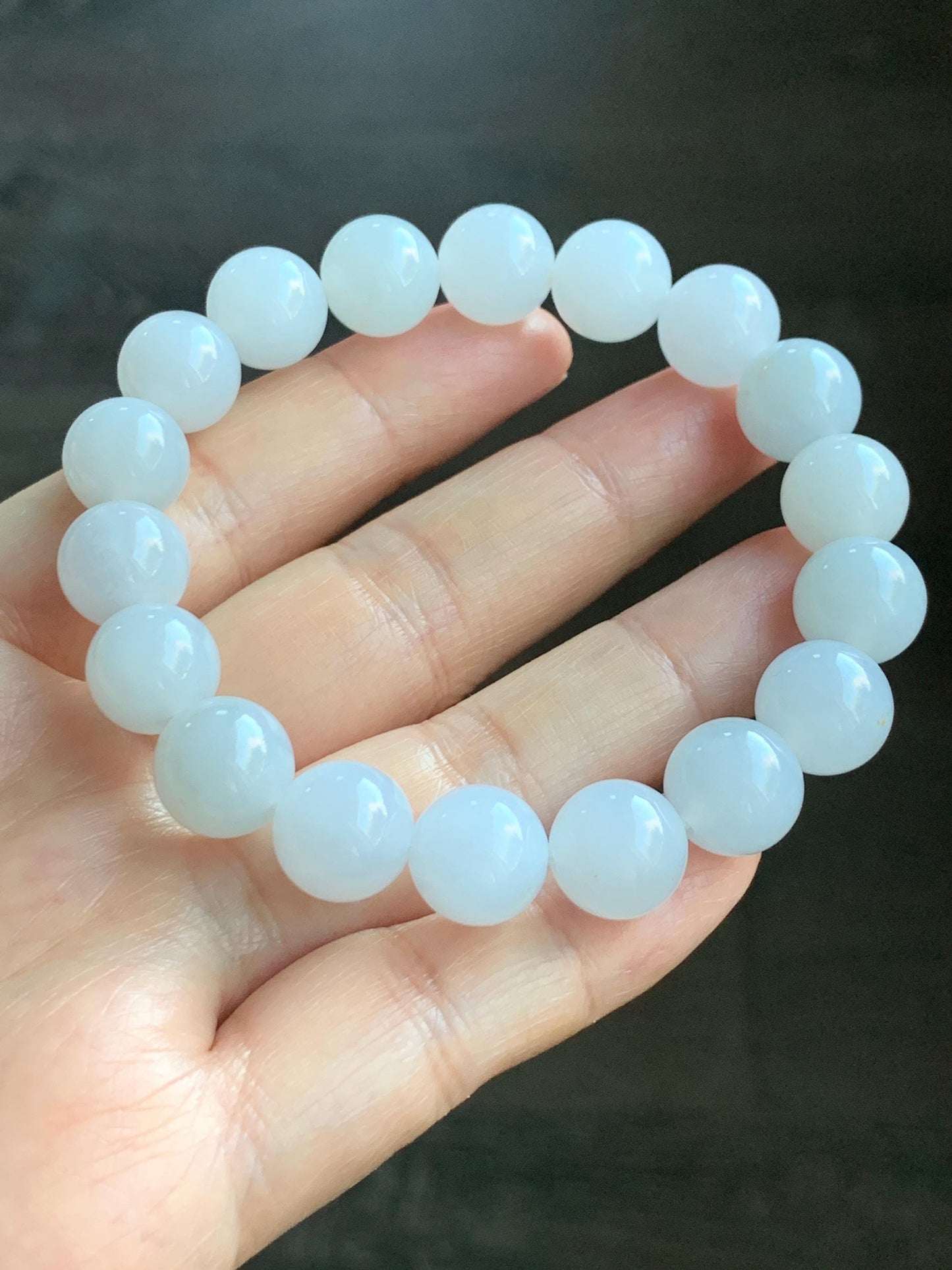 Certified Natural Grade A Icy Translucent Gelatinous Icy White Golden Marbled Jade Jadeite Beaded Bracelet 11mm 7.25” 天然老种冰胶淡蓝底撒金翡翠圆珠手串 734