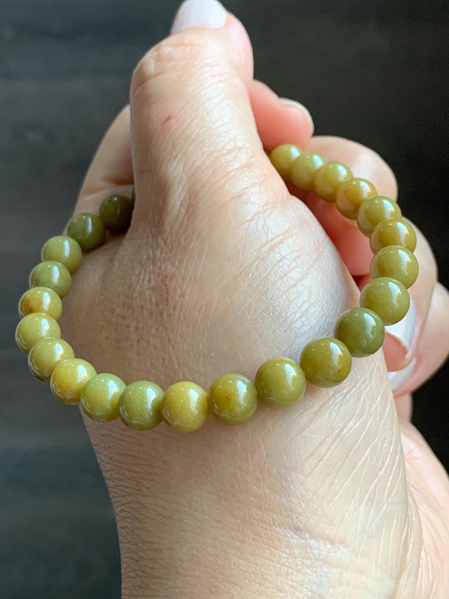 Natural Grade A Guatemalan Icy Translucent Mustard Yellow Jade Jadeite Beaded Bracelet Stretchy 6.9mm 7" 15g 天然冰危满黄翡翠圆珠手串 QWH330A