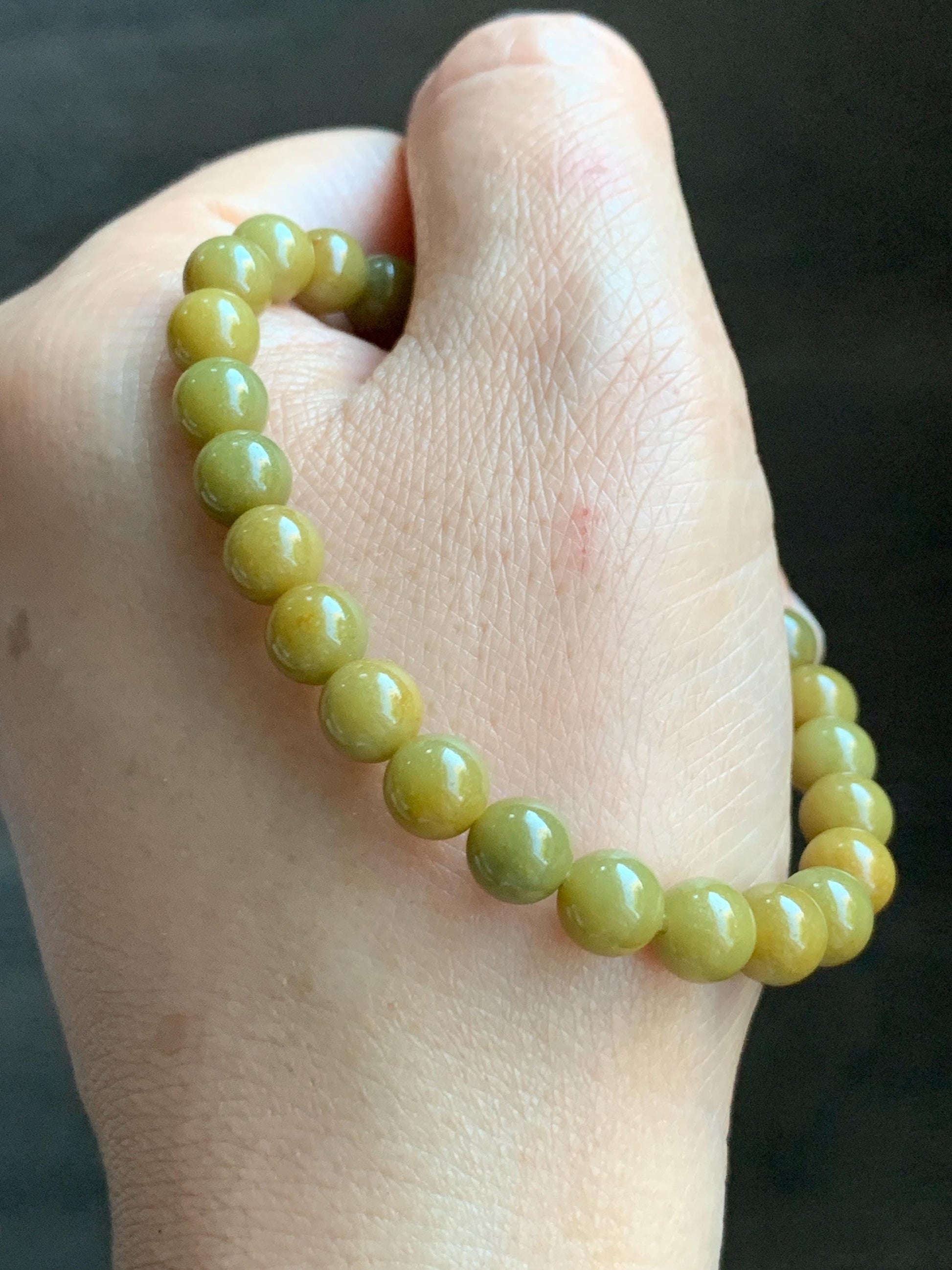 Natural Grade A Guatemalan Icy Translucent Mustard Yellow Jade Jadeite Beaded Bracelet Stretchy 6.9mm 7" 15g 天然冰危满黄翡翠圆珠手串 QWH330A