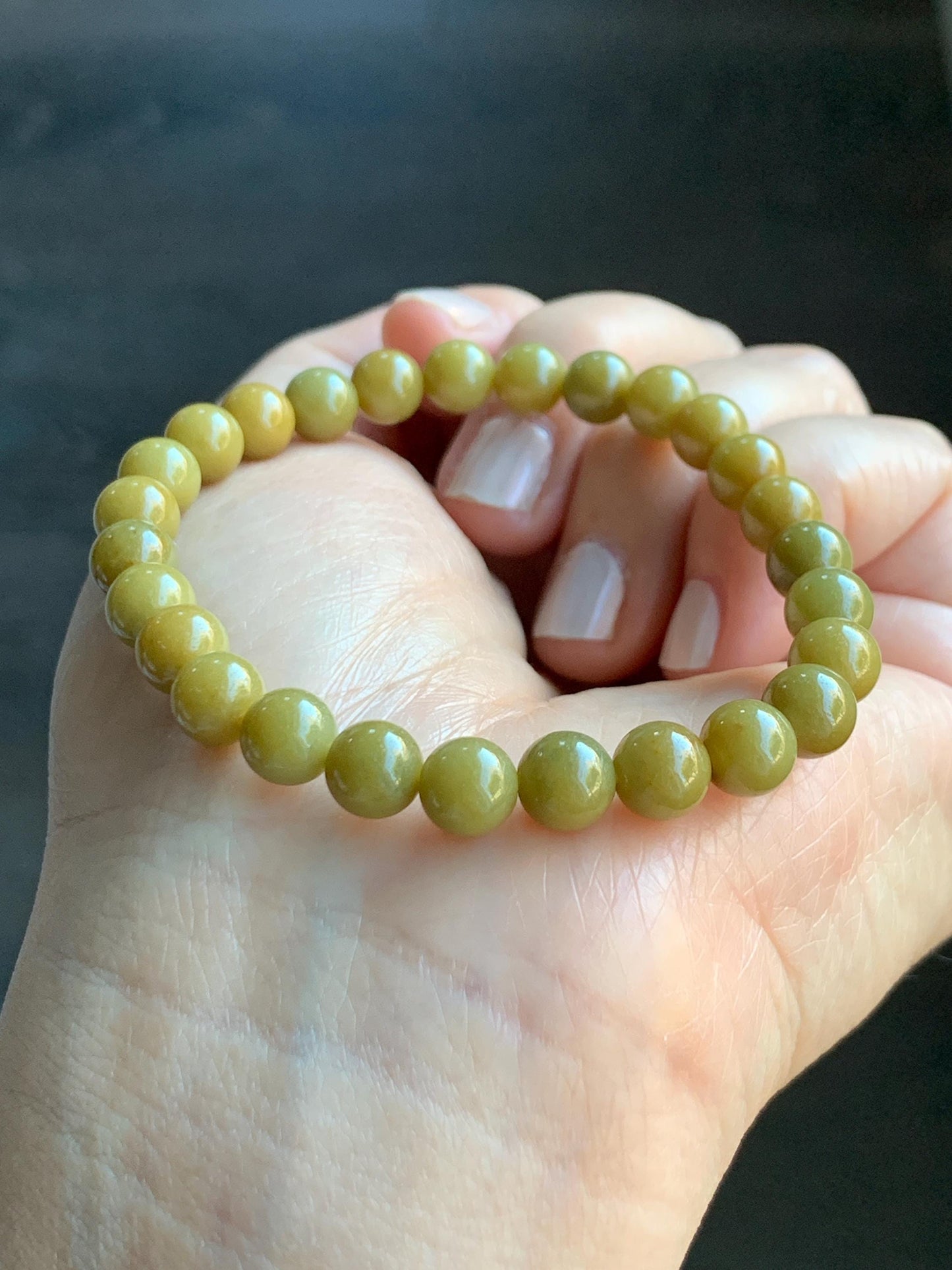 Natural Grade A Guatemalan Icy Translucent Mustard Yellow Jade Jadeite Beaded Bracelet Stretchy 6.9mm 7" 15g 天然冰危满黄翡翠圆珠手串 QWH330A