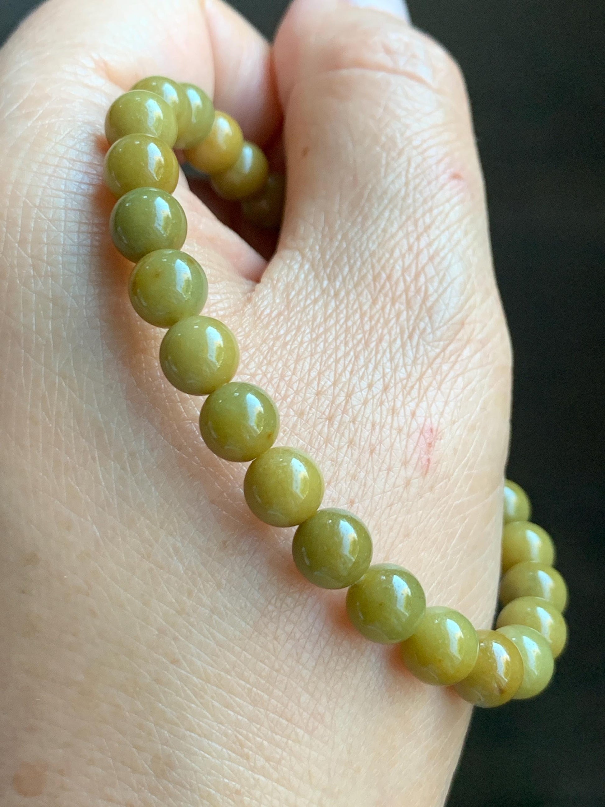 Natural Grade A Guatemalan Icy Translucent Mustard Yellow Jade Jadeite Beaded Bracelet Stretchy 6.9mm 7" 15g 天然冰危满黄翡翠圆珠手串 QWH330A