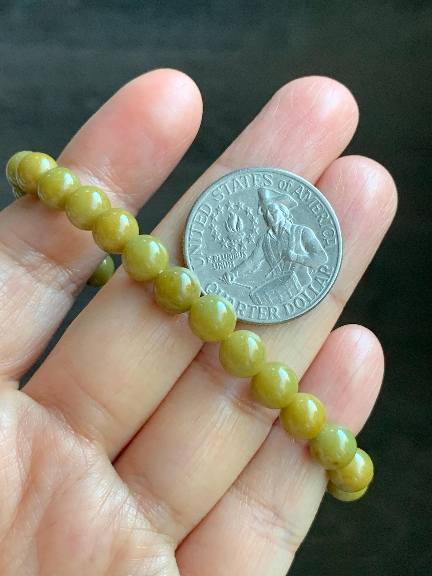 Natural Grade A Guatemalan Icy Translucent Mustard Yellow Jade Jadeite Beaded Bracelet Stretchy 6.9mm 7" 15g 天然冰危满黄翡翠圆珠手串 QWH330A