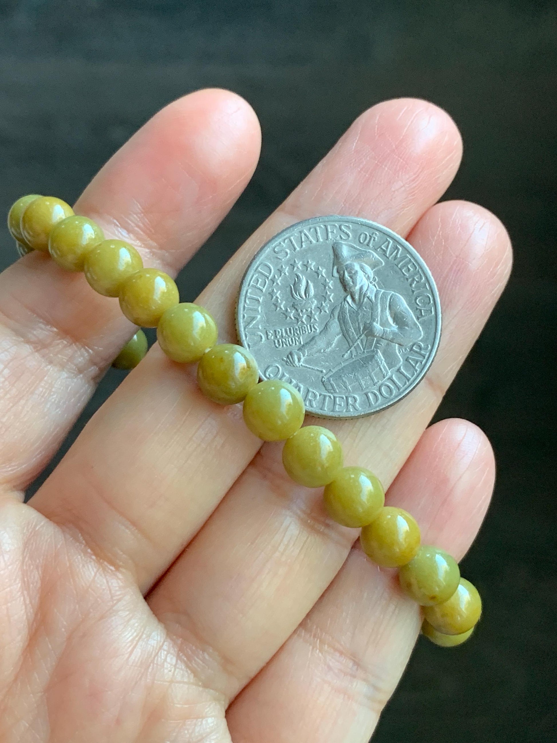 Natural Grade A Guatemalan Icy Translucent Mustard Yellow Jade Jadeite Beaded Bracelet Stretchy 6.9mm 7" 15g 天然冰危满黄翡翠圆珠手串 QWH330A