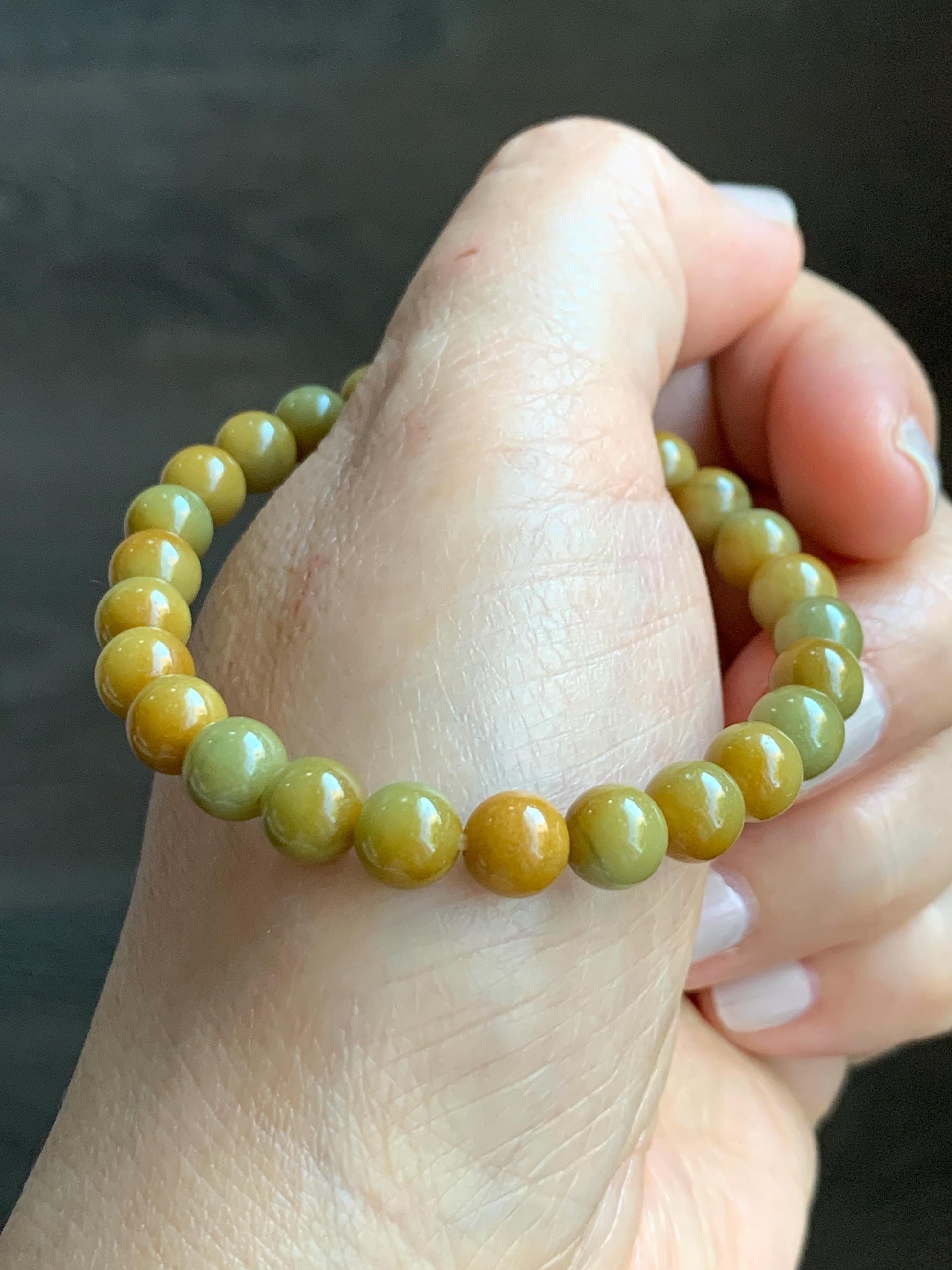 Natural Grade A Guatemalan Icy Translucent Mustard Yellow Jade Jadeite Beaded Bracelet Stretchy 6.9mm 6.5” 14g 天然冰危满黄翡翠圆珠手串 QWH330B