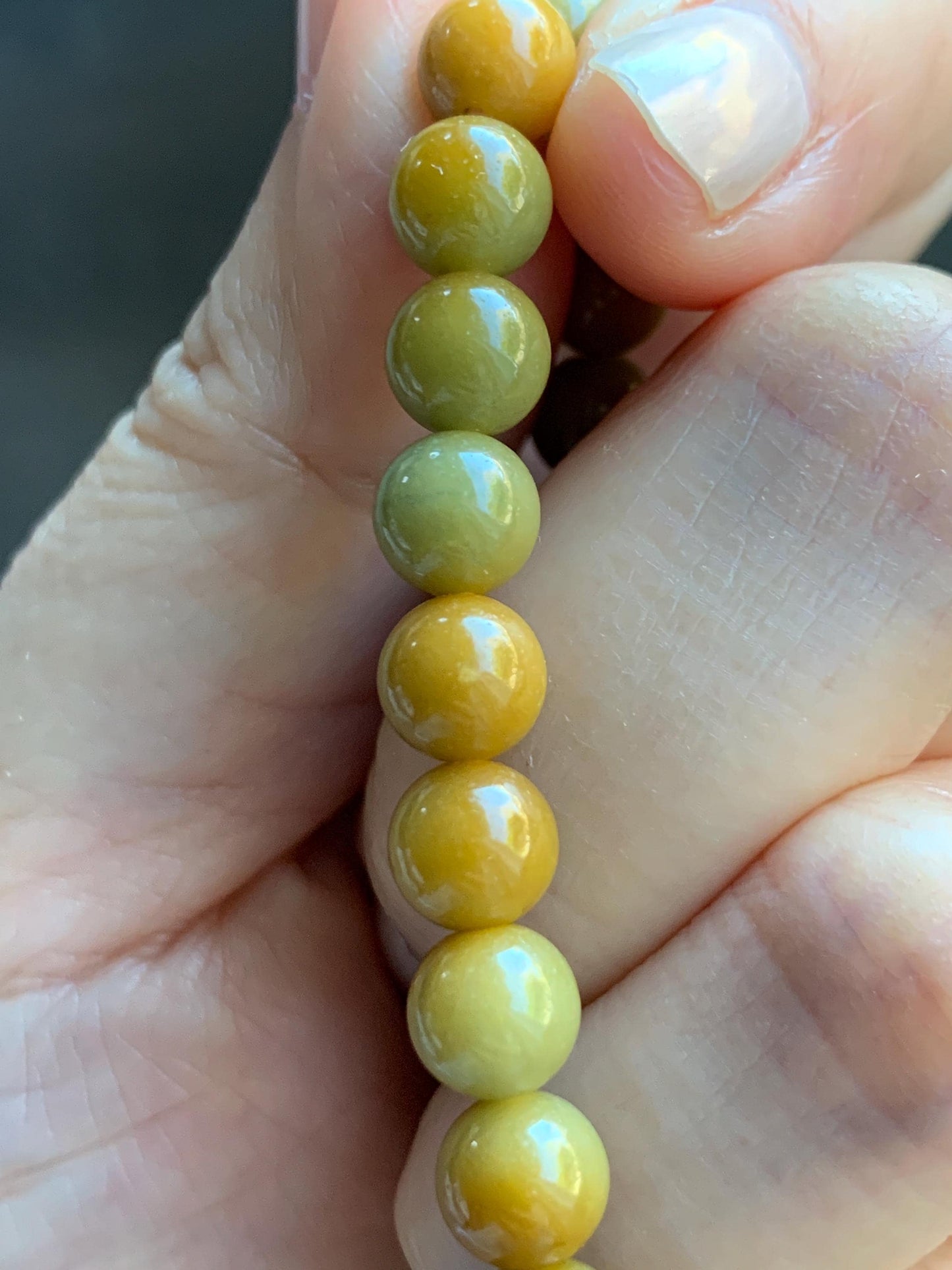 Natural Grade A Guatemalan Icy Translucent Mustard Yellow Jade Jadeite Beaded Bracelet Stretchy 6.9mm 6.5” 14g 天然冰危满黄翡翠圆珠手串 QWH330B