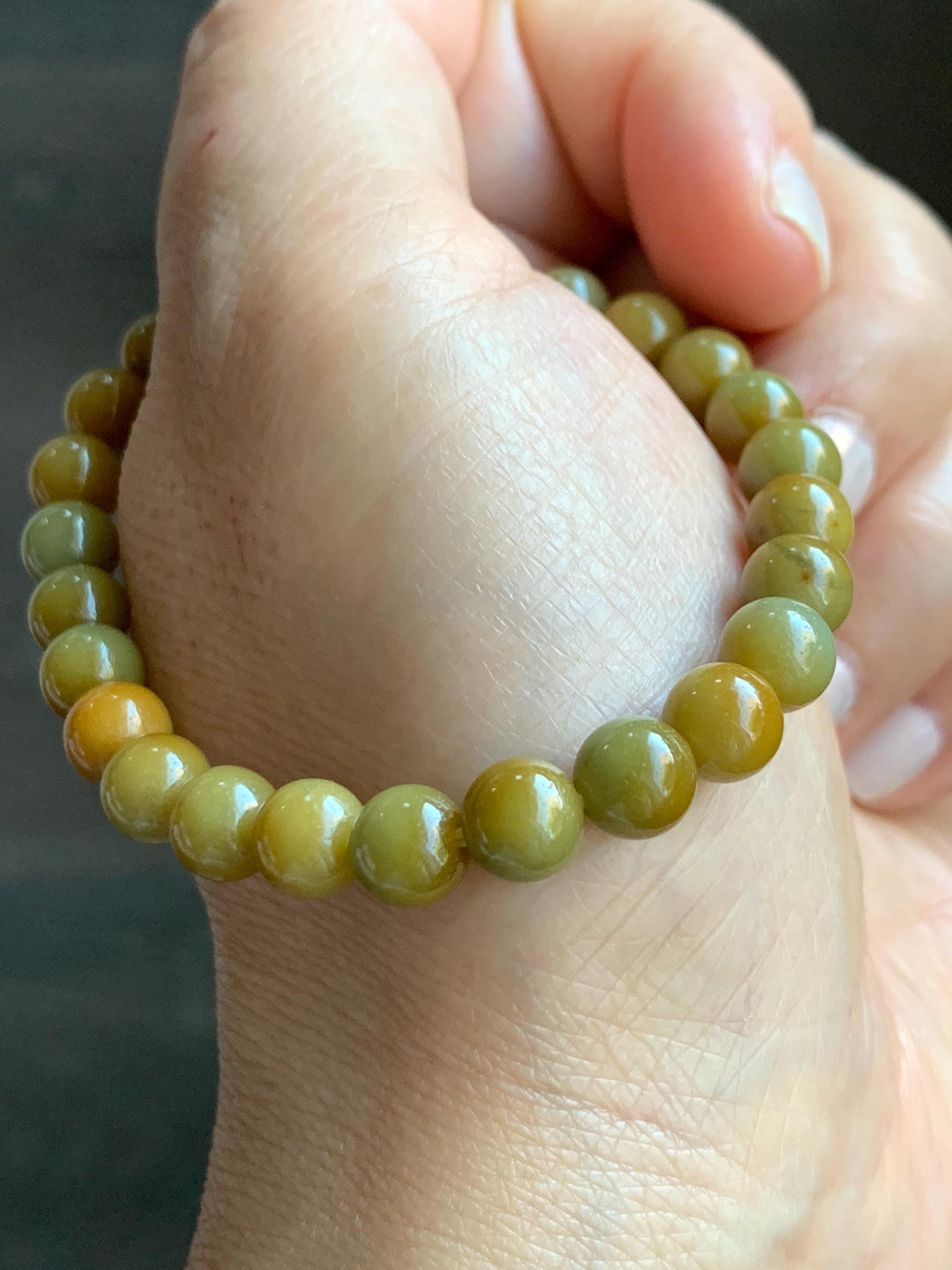 Natural Grade A Guatemalan Icy Translucent Mustard Yellow Jade Jadeite Beaded Bracelet Stretchy 6.9mm 6.5” 14g 天然冰危满黄翡翠圆珠手串 QWH330B