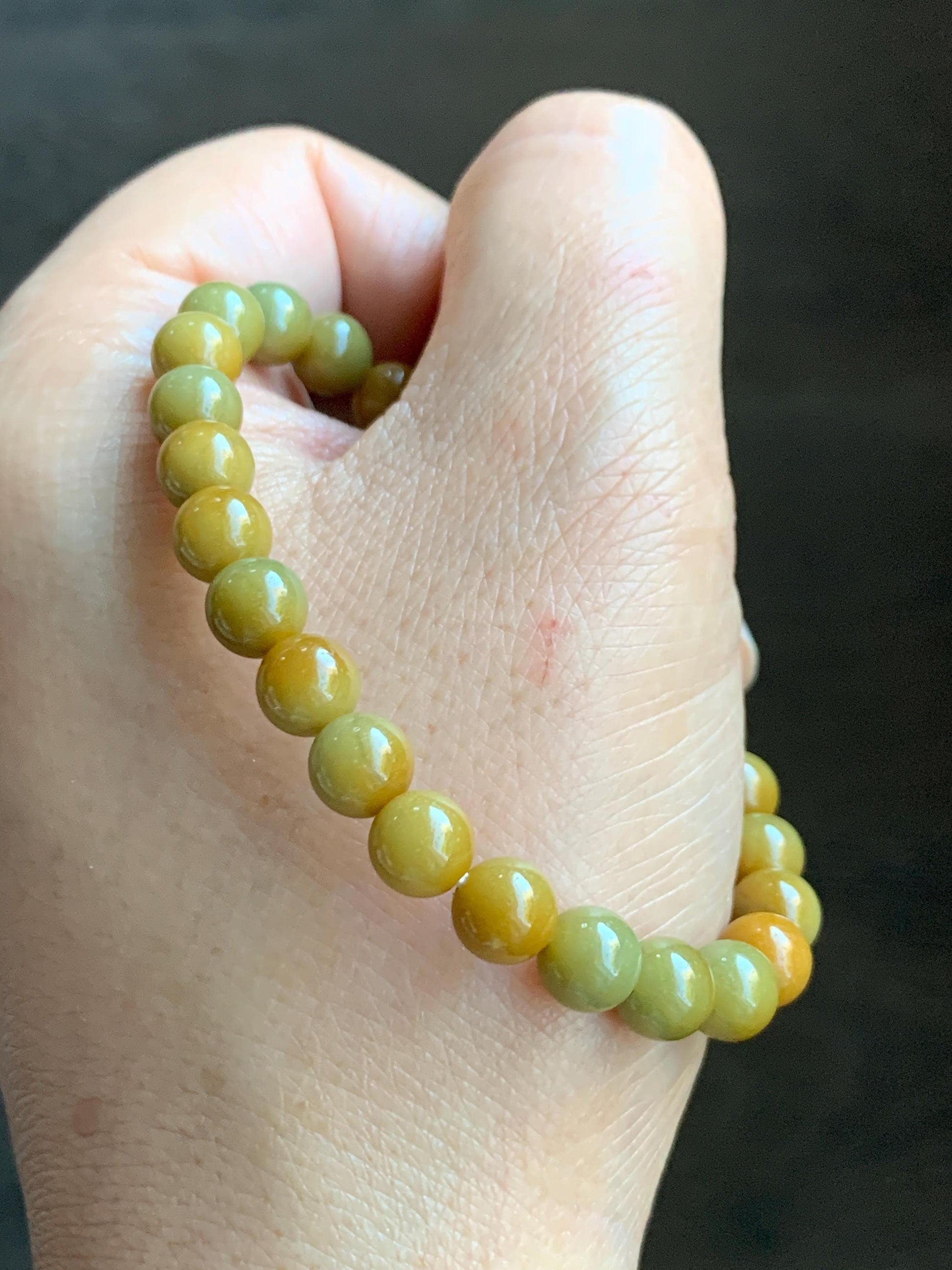 Natural Grade A Guatemalan Icy Translucent Mustard Yellow Jade Jadeite Beaded Bracelet Stretchy 6.9mm 6.5” 14g 天然冰危满黄翡翠圆珠手串 QWH330B