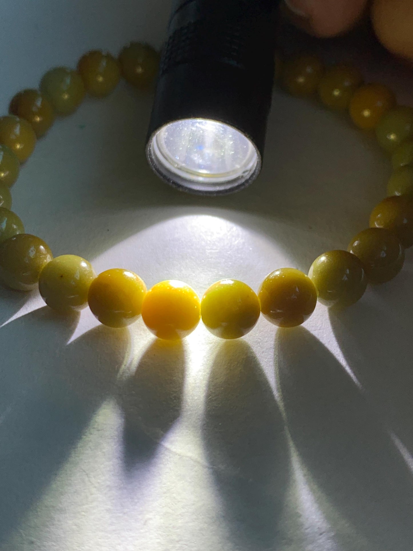 Natural Grade A Guatemalan Icy Translucent Mustard Yellow Jade Jadeite Beaded Bracelet Stretchy 6.9mm 6.5” 14g 天然冰危满黄翡翠圆珠手串 QWH330B