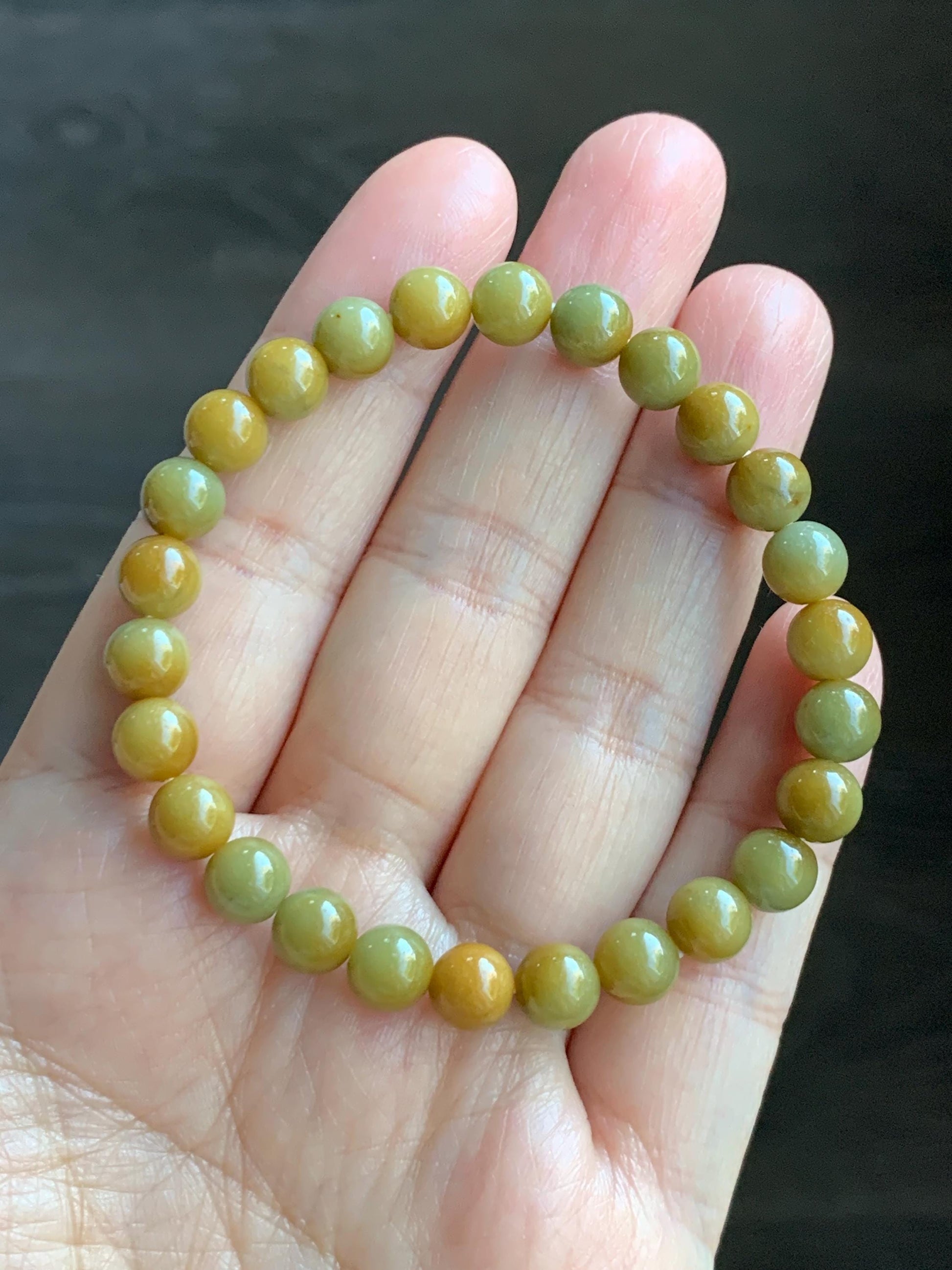 Natural Grade A Guatemalan Icy Translucent Mustard Yellow Jade Jadeite Beaded Bracelet Stretchy 6.9mm 6.5” 14g 天然冰危满黄翡翠圆珠手串 QWH330B