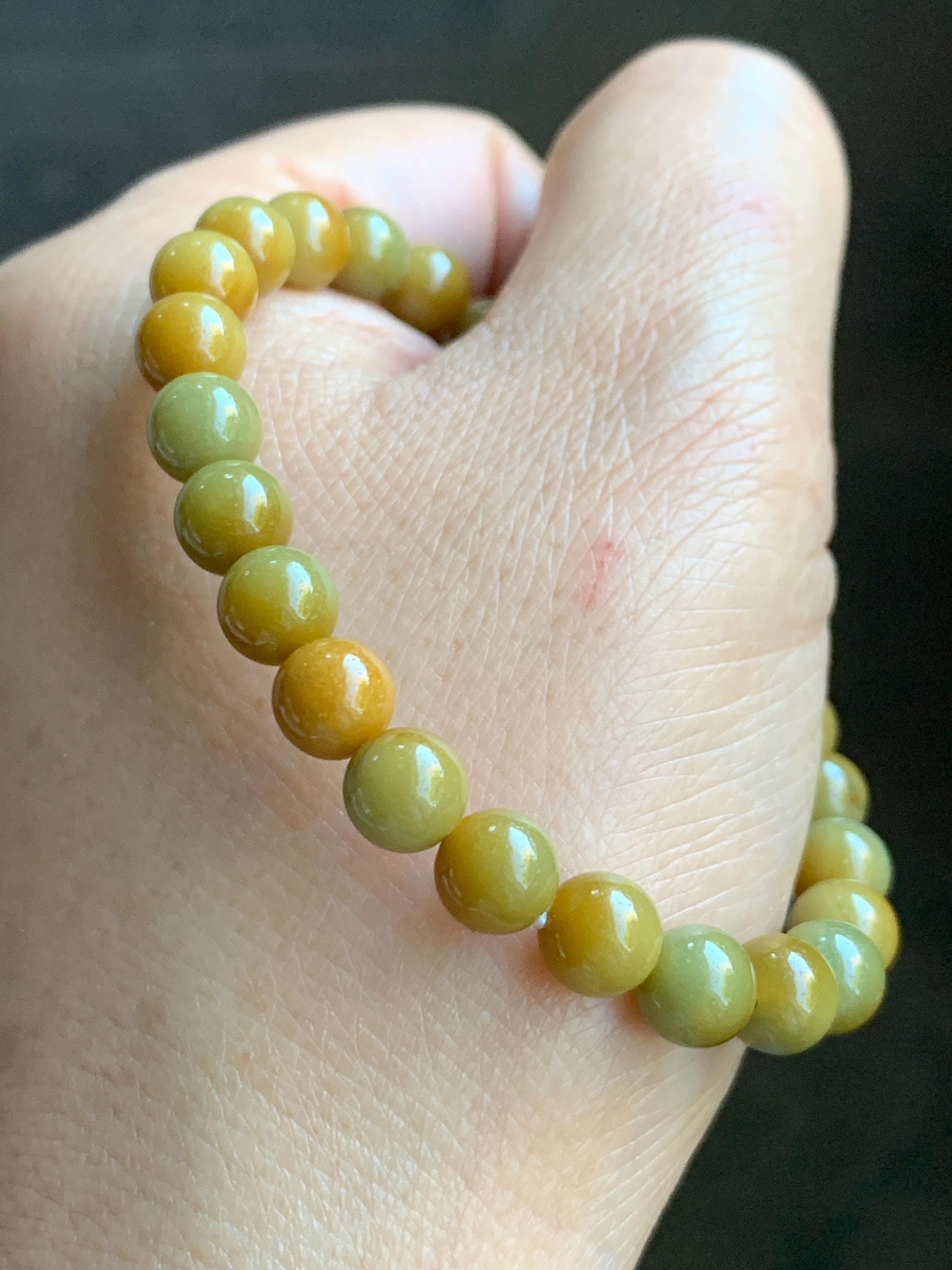 Natural Grade A Guatemalan Icy Translucent Mustard Yellow Jade Jadeite Beaded Bracelet Stretchy 6.9mm 6.5” 14g 天然冰危满黄翡翠圆珠手串 QWH330B
