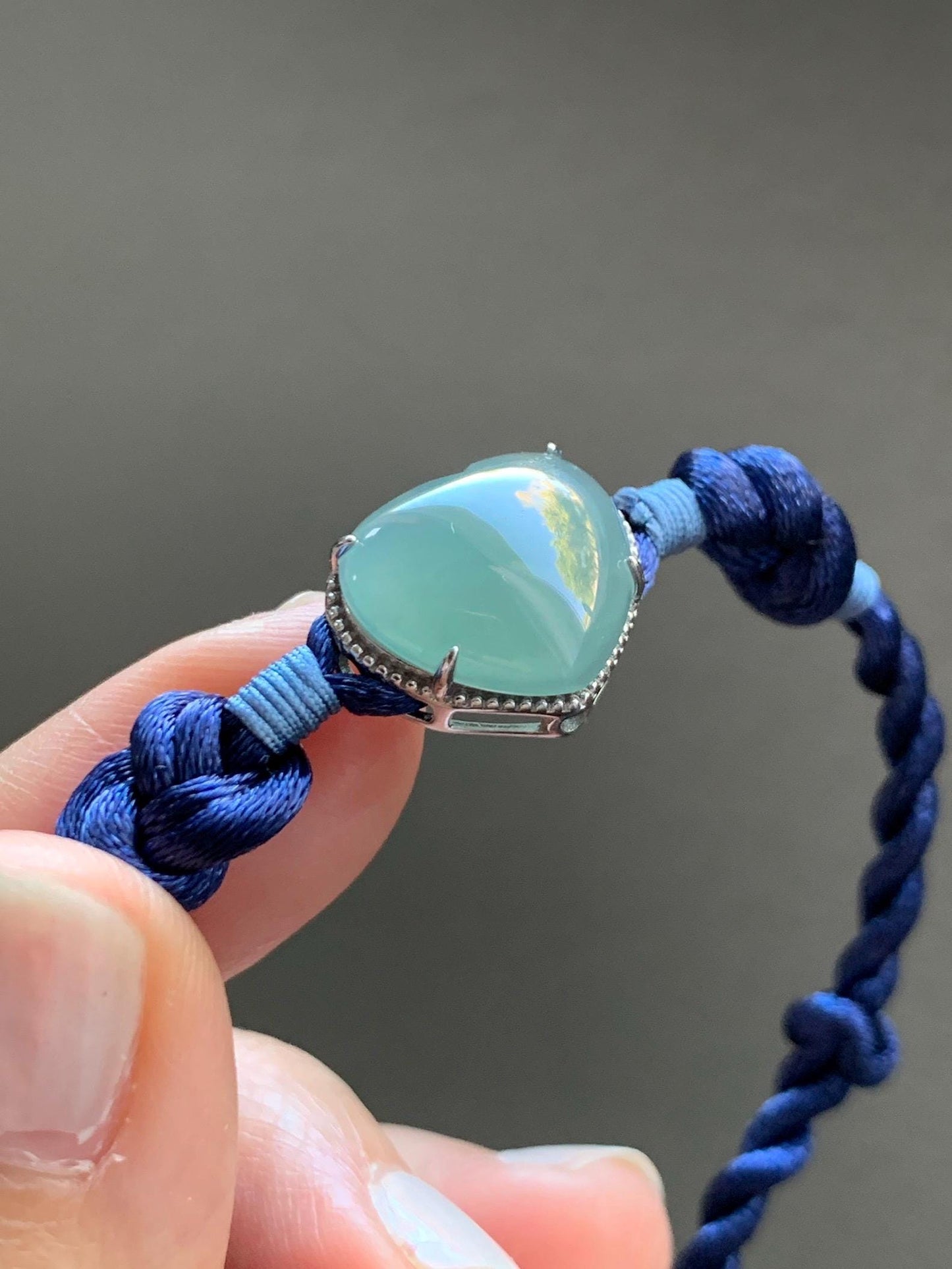 Natural Grade A Guatemalan Icy Highly Translucent Teal Blue Jadeite Heart Charm Rope Bracelet Sterling Silver 6” or 7" 天然冰危蓝翡翠爱心潘多拉手绳 PDH88