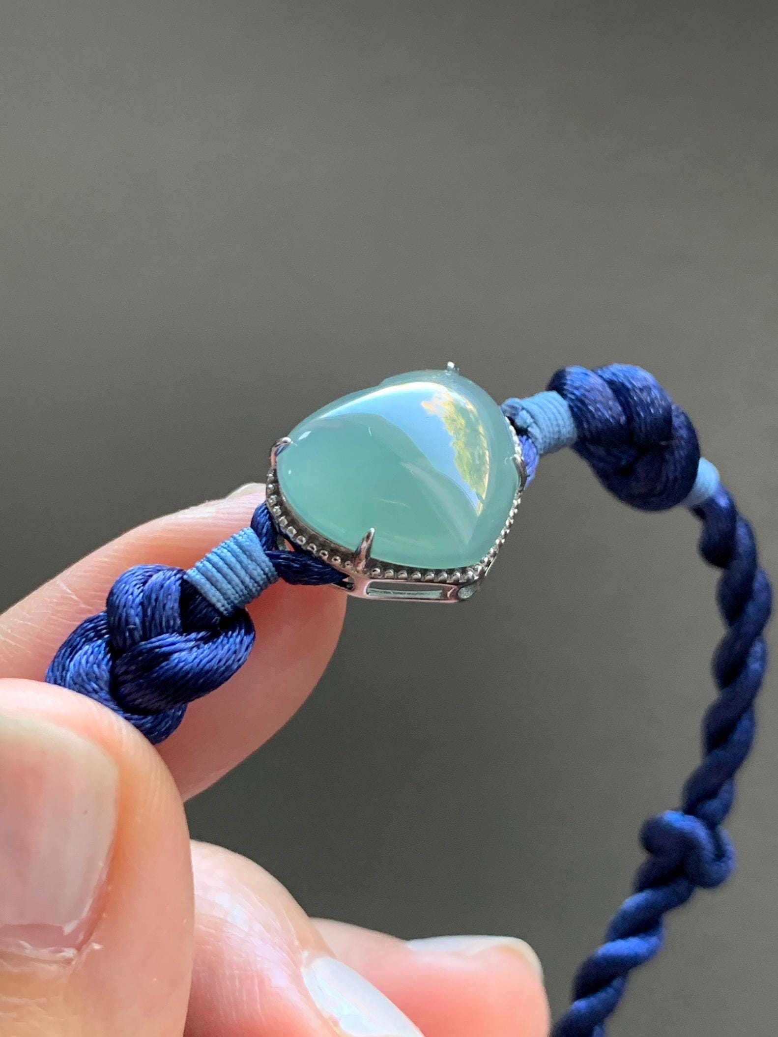 Natural Grade A Guatemalan Icy Highly Translucent Teal Blue Jadeite Heart Charm Rope Bracelet Sterling Silver 6” or 7" 天然冰危蓝翡翠爱心潘多拉手绳 PDH88