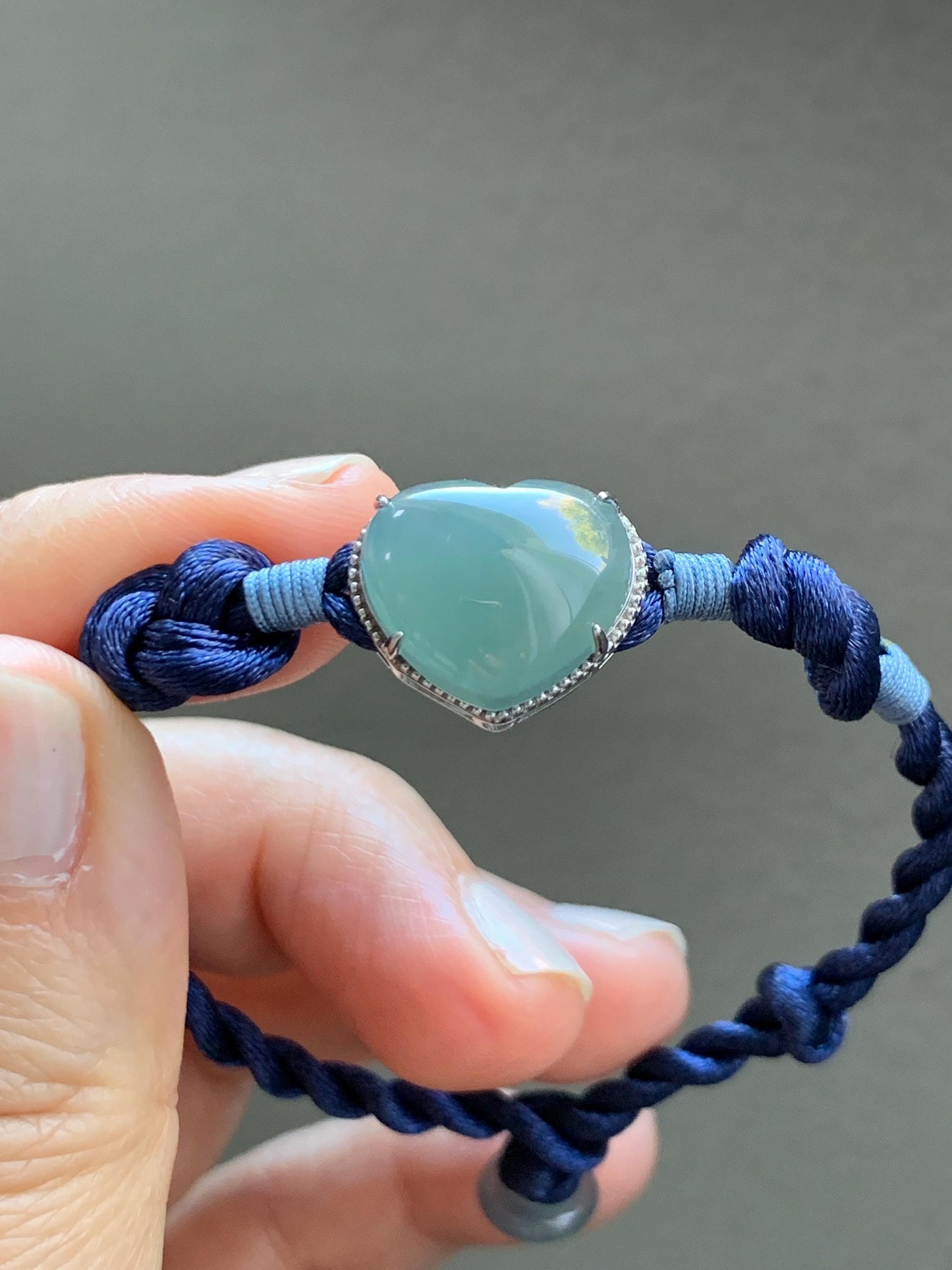 Natural Grade A Guatemalan Icy Highly Translucent Teal Blue Jadeite Heart Charm Rope Bracelet Sterling Silver 6” or 7" 天然冰危蓝翡翠爱心潘多拉手绳 PDH88