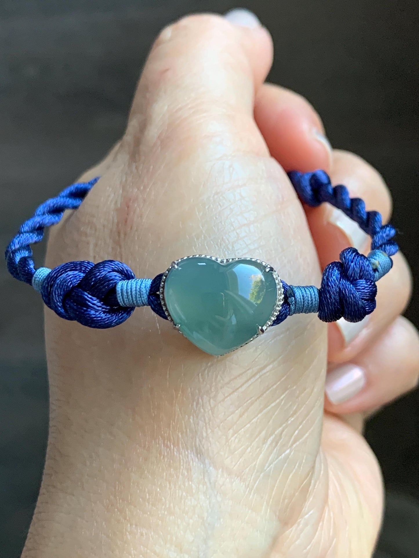 Natural Grade A Guatemalan Icy Highly Translucent Teal Blue Jadeite Heart Charm Rope Bracelet Sterling Silver 6” or 7" 天然冰危蓝翡翠爱心潘多拉手绳 PDH88