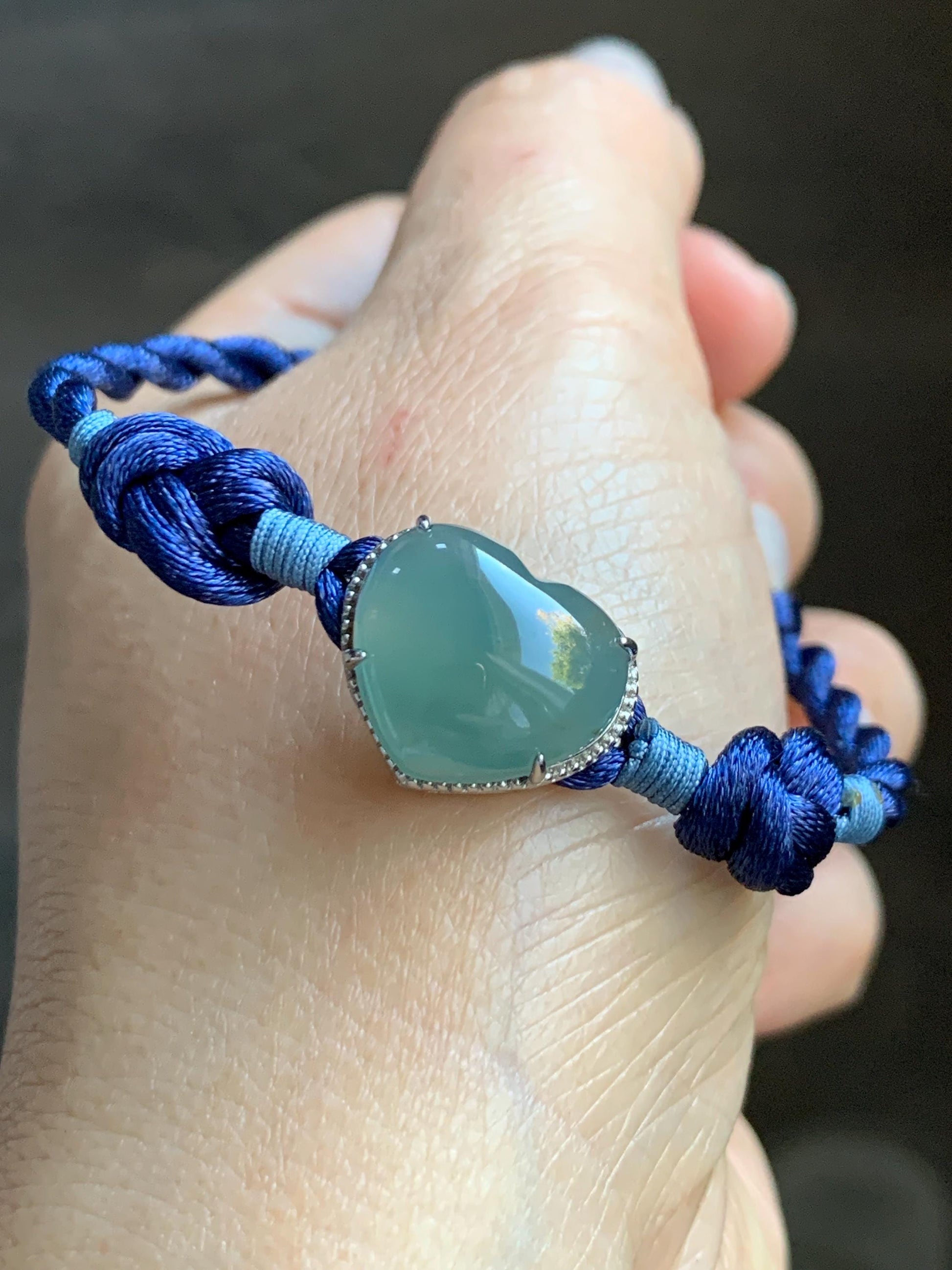 Natural Grade A Guatemalan Icy Highly Translucent Teal Blue Jadeite Heart Charm Rope Bracelet Sterling Silver 6” or 7" 天然冰危蓝翡翠爱心潘多拉手绳 PDH88