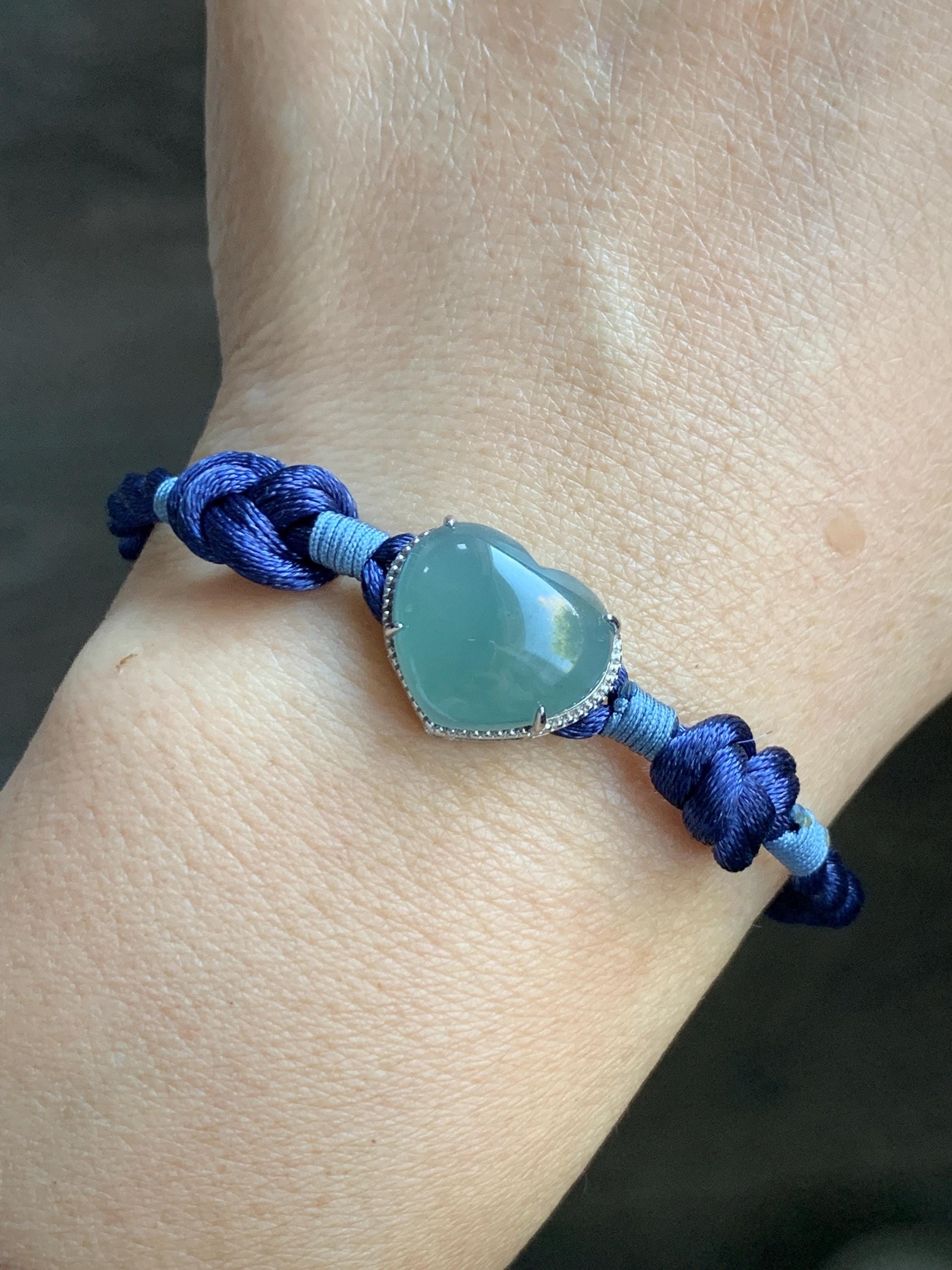 Natural Grade A Guatemalan Icy Highly Translucent Teal Blue Jadeite Heart Charm Rope Bracelet Sterling Silver 6” or 7" 天然冰危蓝翡翠爱心潘多拉手绳 PDH88