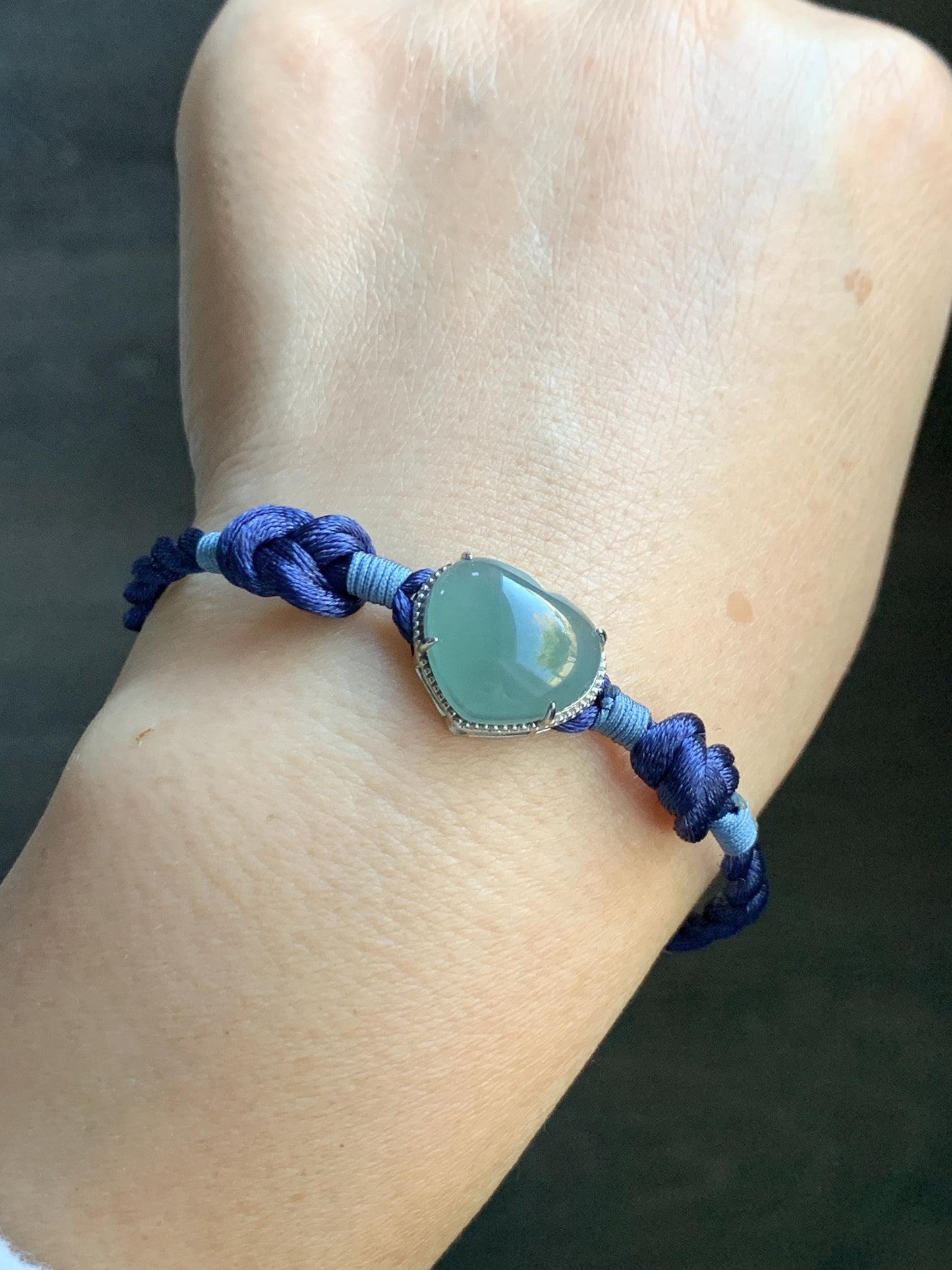 Natural Grade A Guatemalan Icy Highly Translucent Teal Blue Jadeite Heart Charm Rope Bracelet Sterling Silver 6” or 7" 天然冰危蓝翡翠爱心潘多拉手绳 PDH88