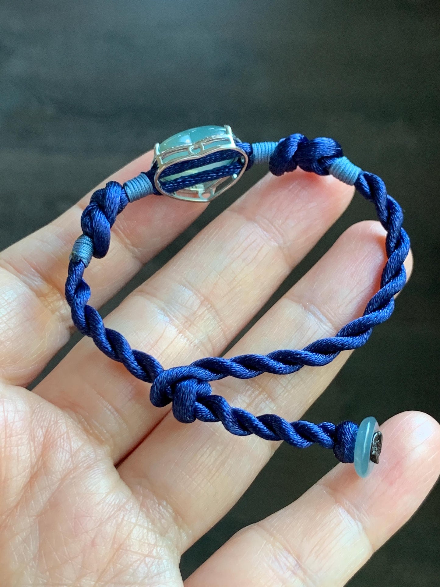 Natural Grade A Guatemalan Icy Highly Translucent Teal Blue Jadeite Heart Charm Rope Bracelet Sterling Silver 6” or 7" 天然冰危蓝翡翠爱心潘多拉手绳 PDH88