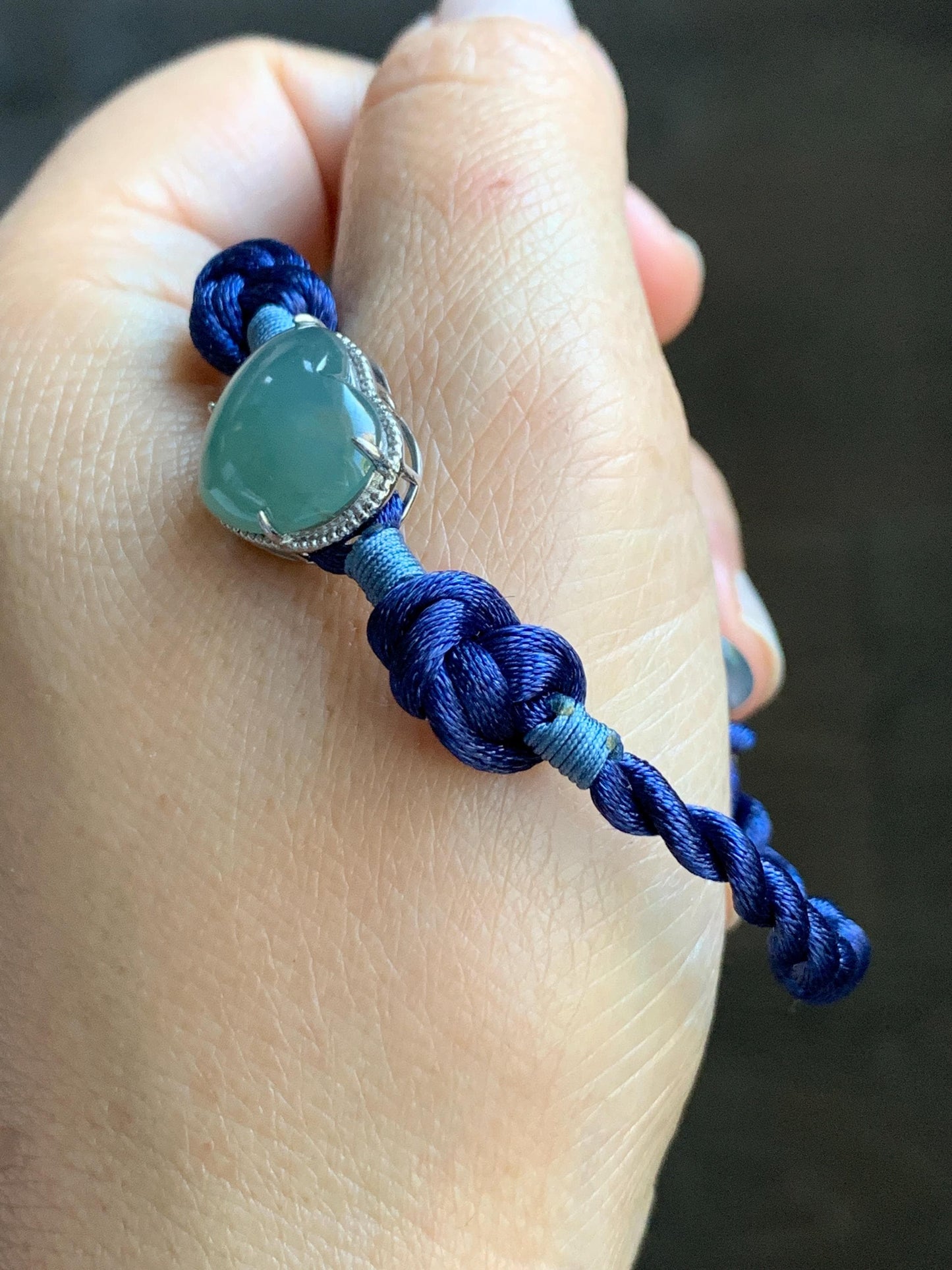 Natural Grade A Guatemalan Icy Highly Translucent Teal Blue Jadeite Heart Charm Rope Bracelet Sterling Silver 6” or 7" 天然冰危蓝翡翠爱心潘多拉手绳 PDH88