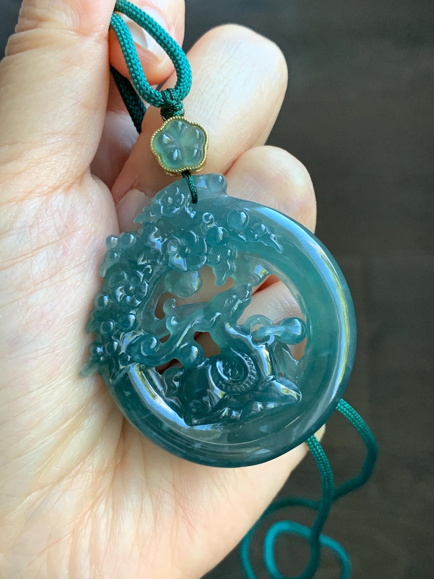 Natural Grade A Guatemalan Icy Translucent Dark Teal Blue Jade Jadeite Deer Pendant Rope Necklace Sterling Silver 28” 天然危深蓝翡翠梅花鹿吊坠 WLL500