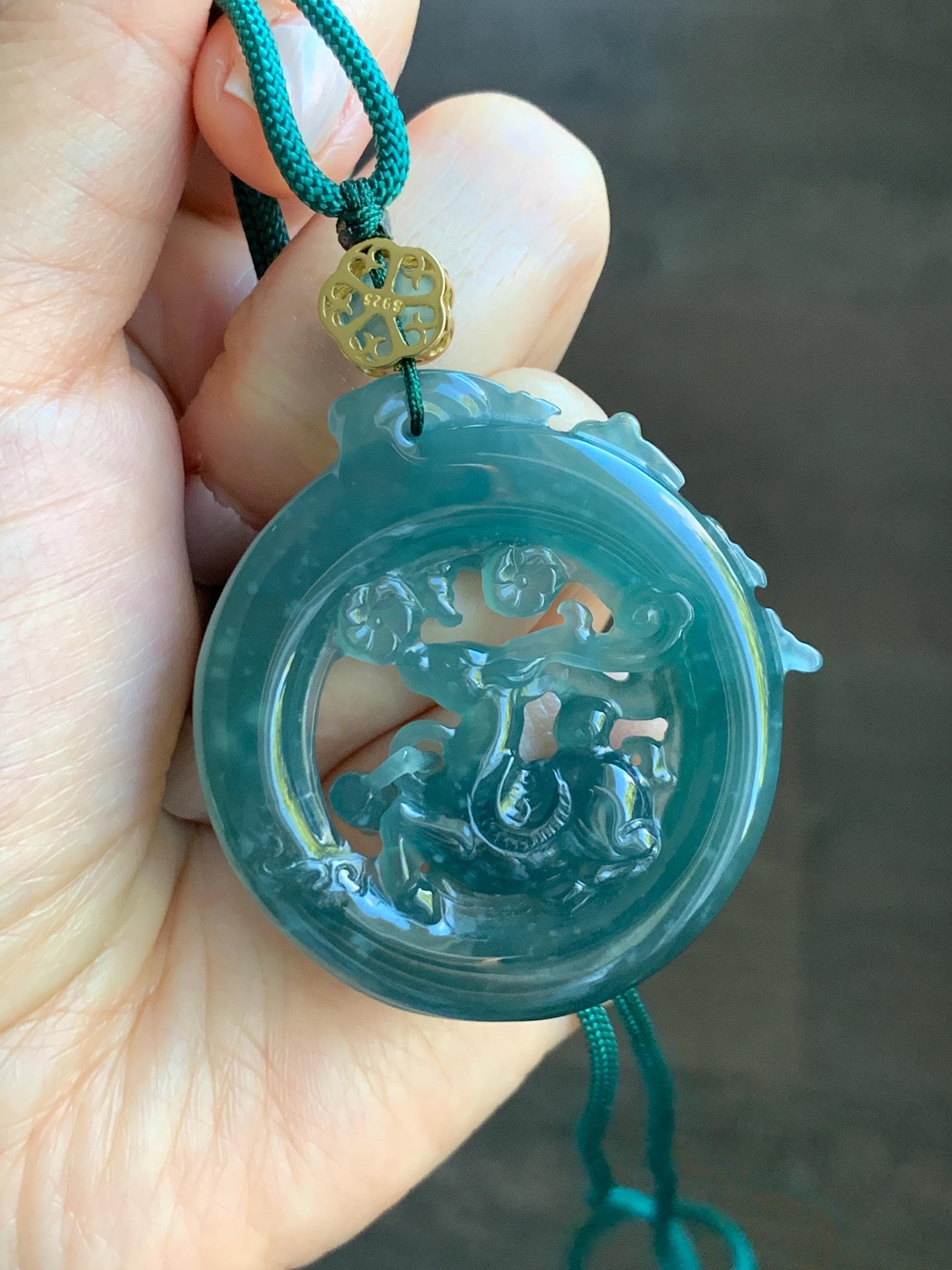 Natural Grade A Guatemalan Icy Translucent Dark Teal Blue Jade Jadeite Deer Pendant Rope Necklace Sterling Silver 28” 天然危深蓝翡翠梅花鹿吊坠 WLL500
