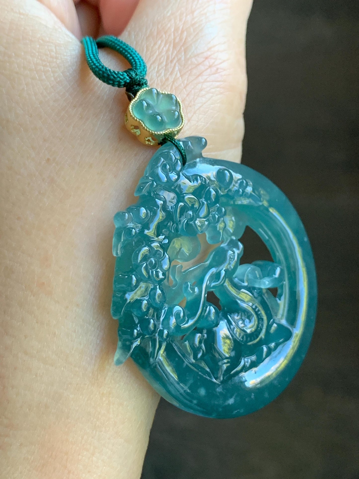 Natural Grade A Guatemalan Icy Translucent Dark Teal Blue Jade Jadeite Deer Pendant Rope Necklace Sterling Silver 28” 天然危深蓝翡翠梅花鹿吊坠 WLL500