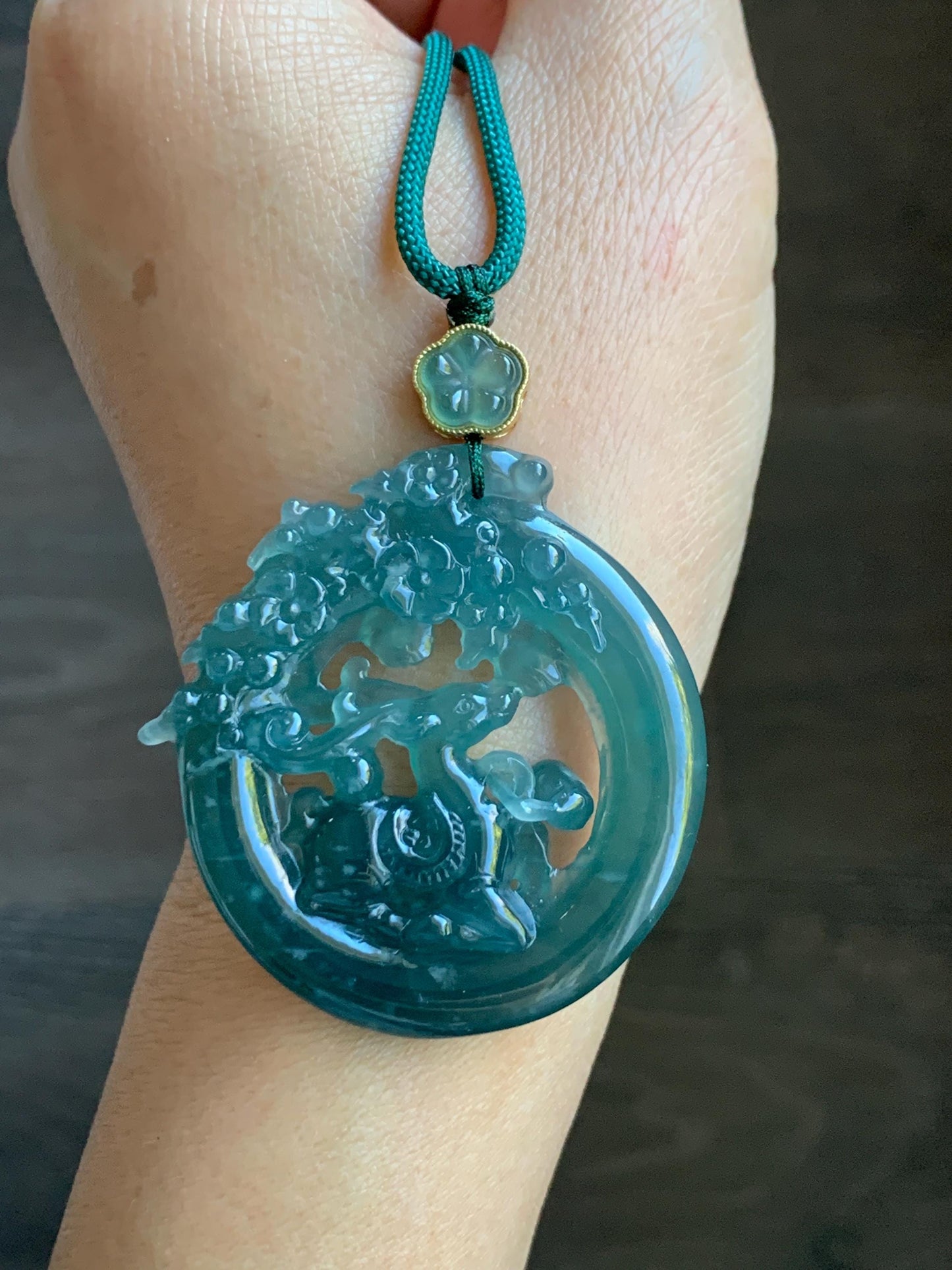 Natural Grade A Guatemalan Icy Translucent Dark Teal Blue Jade Jadeite Deer Pendant Rope Necklace Sterling Silver 28” 天然危深蓝翡翠梅花鹿吊坠 WLL500