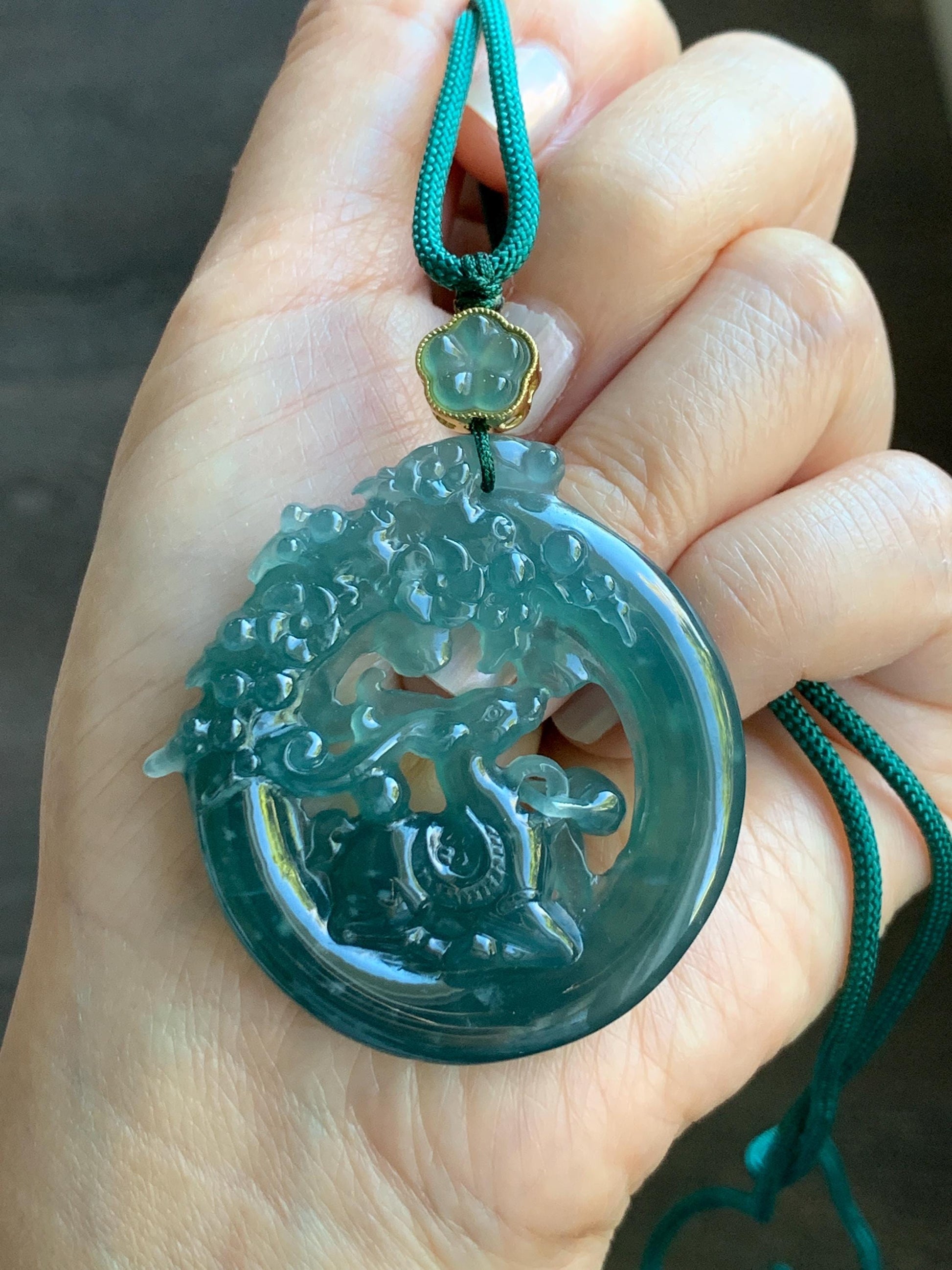 Natural Grade A Guatemalan Icy Translucent Dark Teal Blue Jade Jadeite Deer Pendant Rope Necklace Sterling Silver 28” 天然危深蓝翡翠梅花鹿吊坠 WLL500