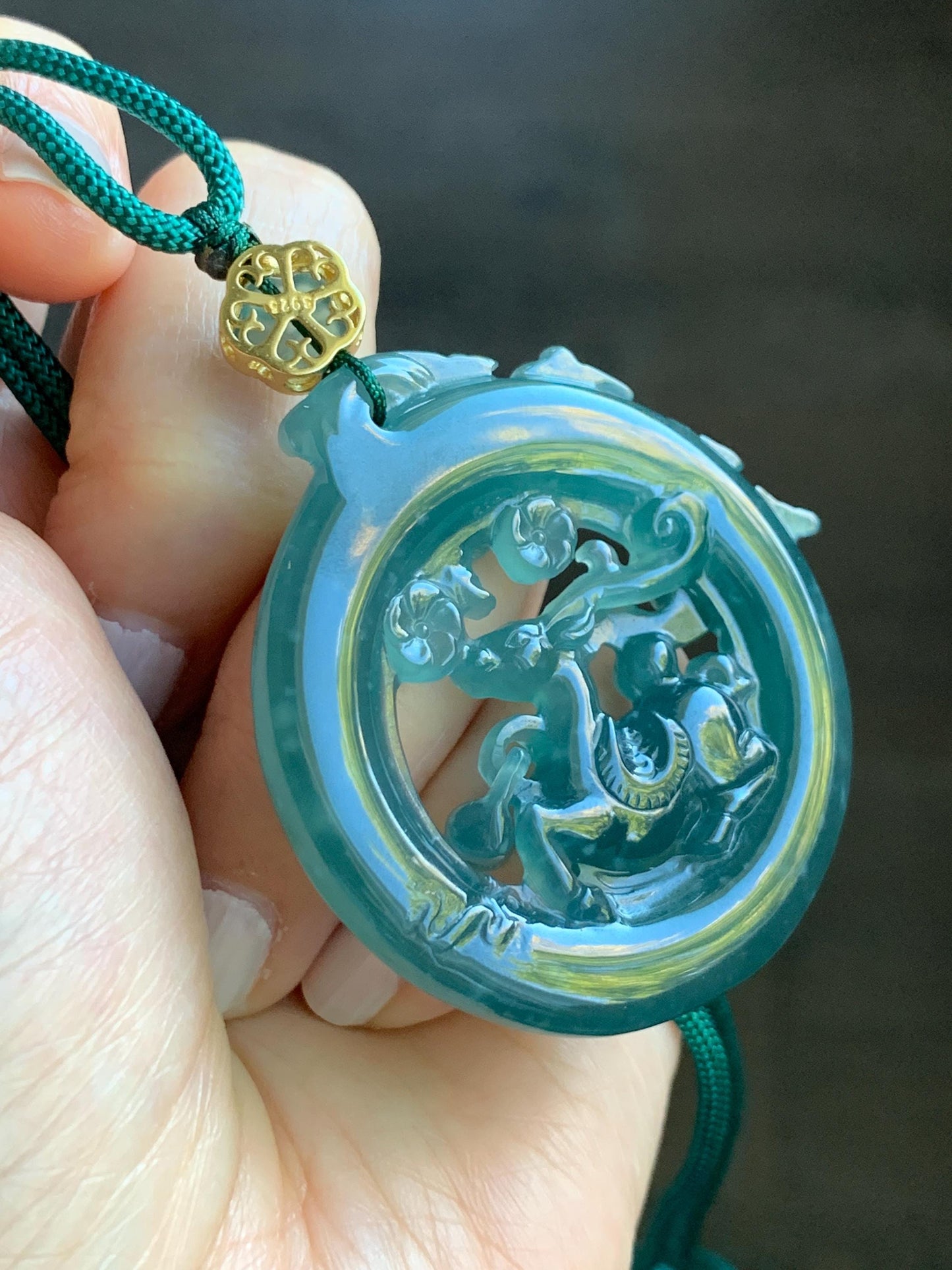 Natural Grade A Guatemalan Icy Translucent Dark Teal Blue Jade Jadeite Deer Pendant Rope Necklace Sterling Silver 28” 天然危深蓝翡翠梅花鹿吊坠 WLL500
