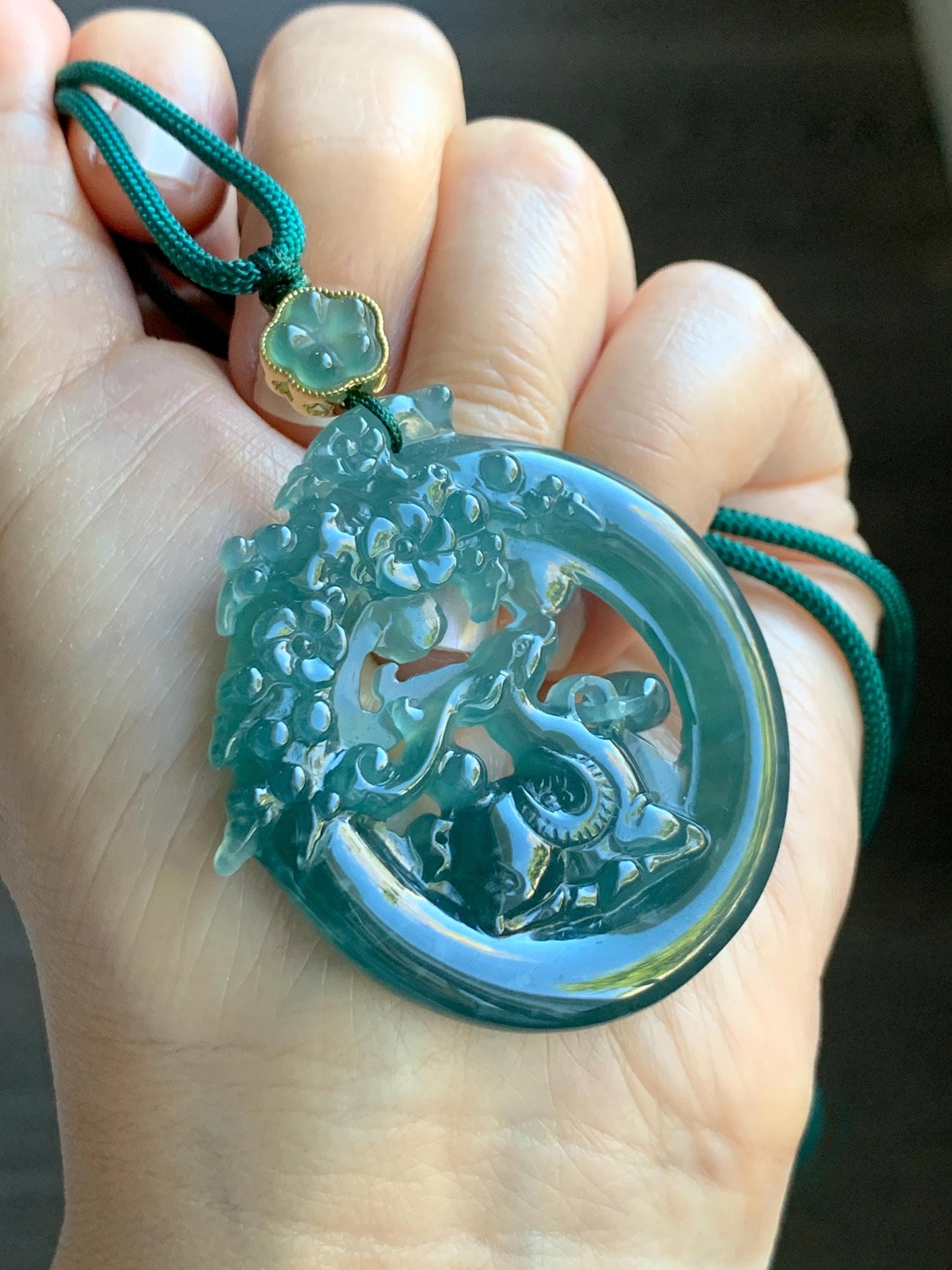 Natural Grade A Guatemalan Icy Translucent Dark Teal Blue Jade Jadeite Deer Pendant Rope Necklace Sterling Silver 28” 天然危深蓝翡翠梅花鹿吊坠 WLL500