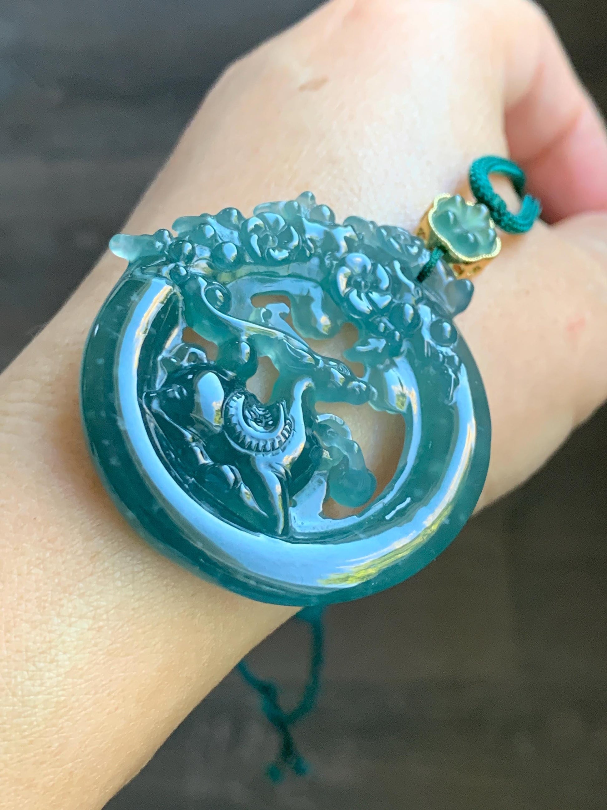 Natural Grade A Guatemalan Icy Translucent Dark Teal Blue Jade Jadeite Deer Pendant Rope Necklace Sterling Silver 28” 天然危深蓝翡翠梅花鹿吊坠 WLL500
