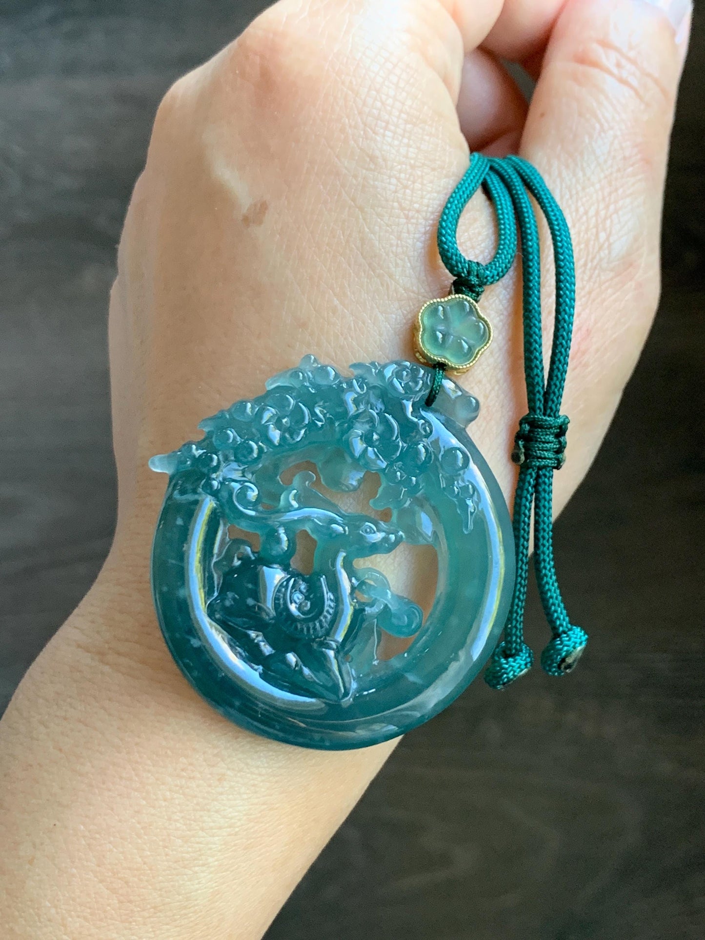 Natural Grade A Guatemalan Icy Translucent Dark Teal Blue Jade Jadeite Deer Pendant Rope Necklace Sterling Silver 28” 天然危深蓝翡翠梅花鹿吊坠 WLL500