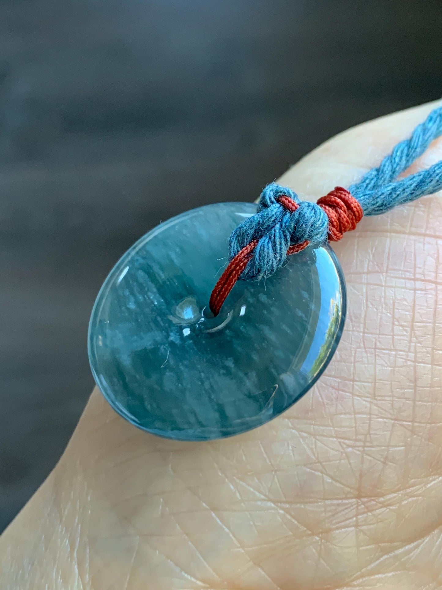 Natural Grade A Guatemalan Icy Highly Translucent Dark Blue Jade Jadeite Ping An Kou Donut Pendant Rope Necklace 25.5" 天然冰胶危蓝翡翠平安扣吊坠 WLK330A