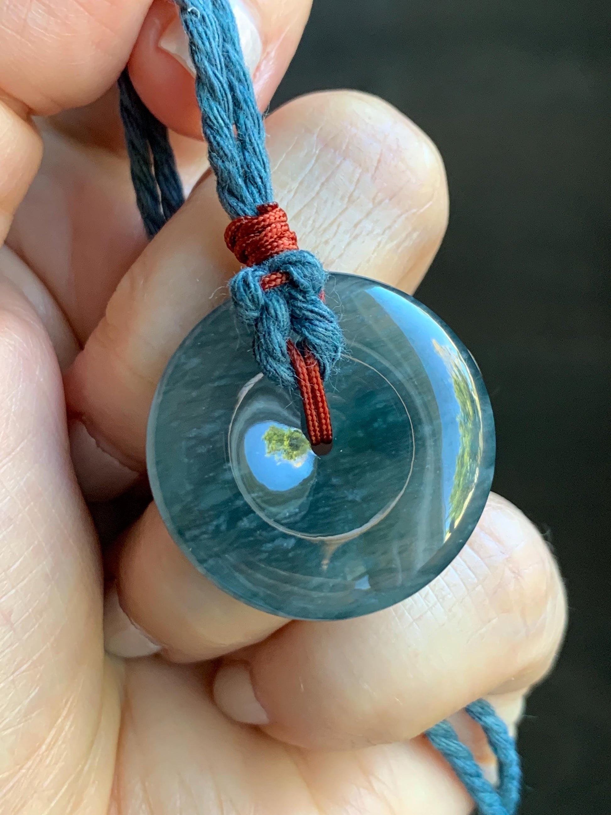 Natural Grade A Guatemalan Icy Highly Translucent Dark Blue Jade Jadeite Ping An Kou Donut Pendant Rope Necklace 25.5" 天然冰胶危蓝翡翠平安扣吊坠 WLK330A