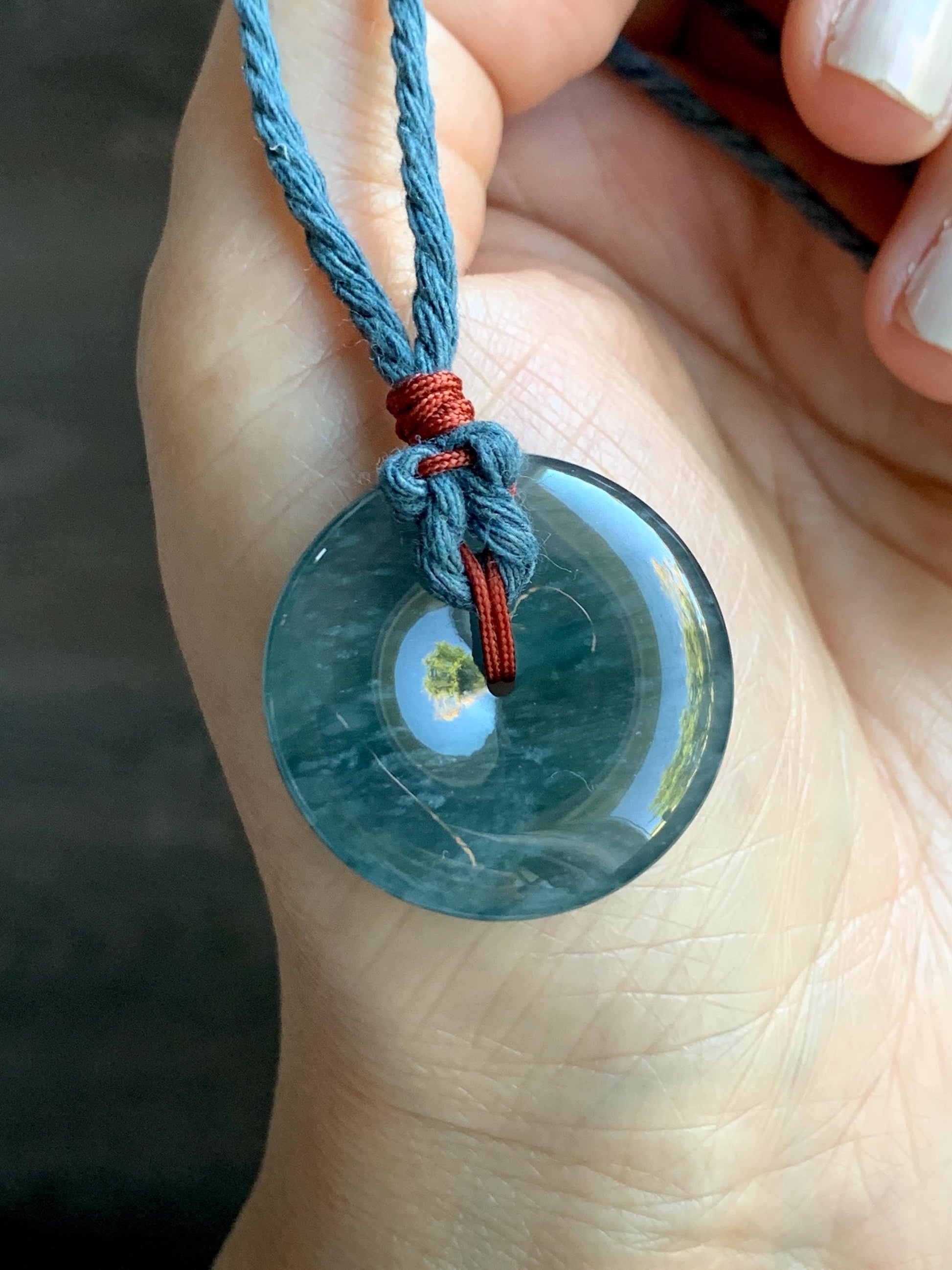 Natural Grade A Guatemalan Icy Highly Translucent Dark Blue Jade Jadeite Ping An Kou Donut Pendant Rope Necklace 25.5" 天然冰胶危蓝翡翠平安扣吊坠 WLK330A