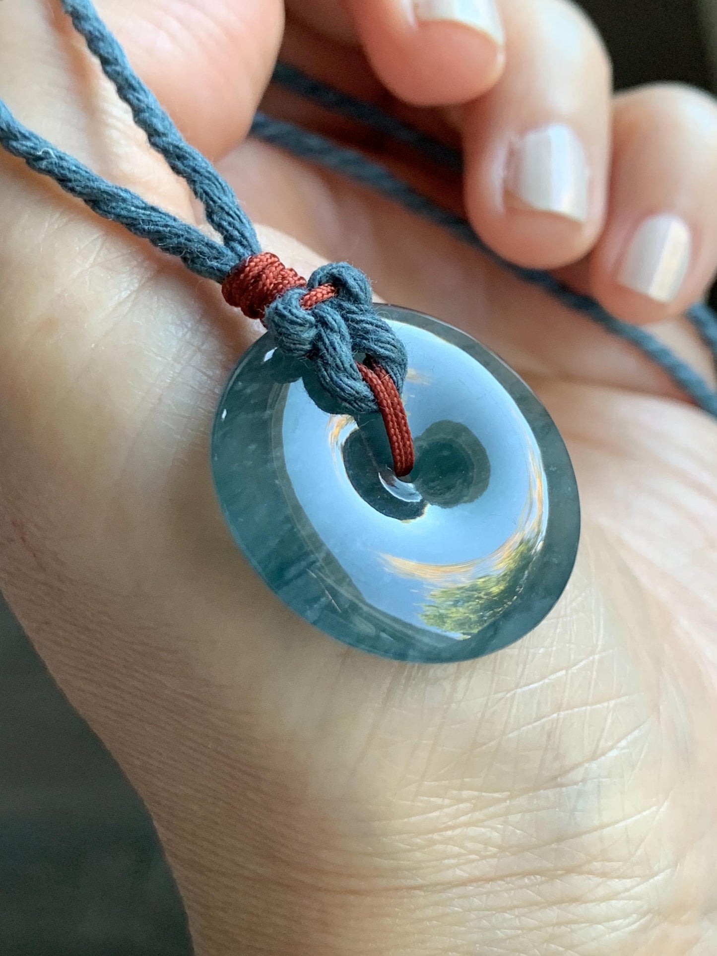 Natural Grade A Guatemalan Icy Highly Translucent Dark Blue Jade Jadeite Ping An Kou Donut Pendant Rope Necklace 25.5" 天然冰胶危蓝翡翠平安扣吊坠 WLK330A