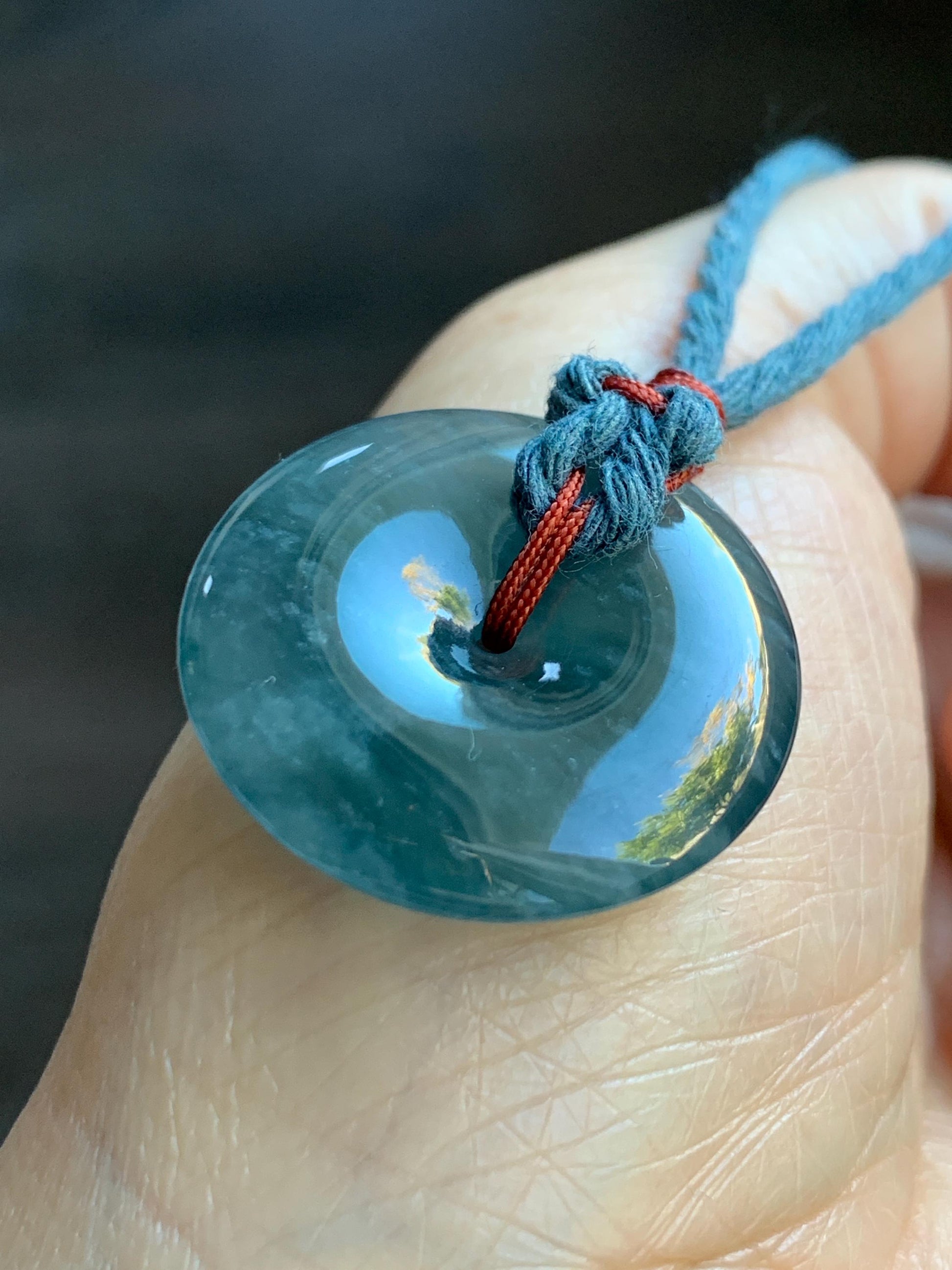 Natural Grade A Guatemalan Icy Highly Translucent Dark Blue Jade Jadeite Ping An Kou Donut Pendant Rope Necklace 25.5" 天然冰胶危蓝翡翠平安扣吊坠 WLK330A