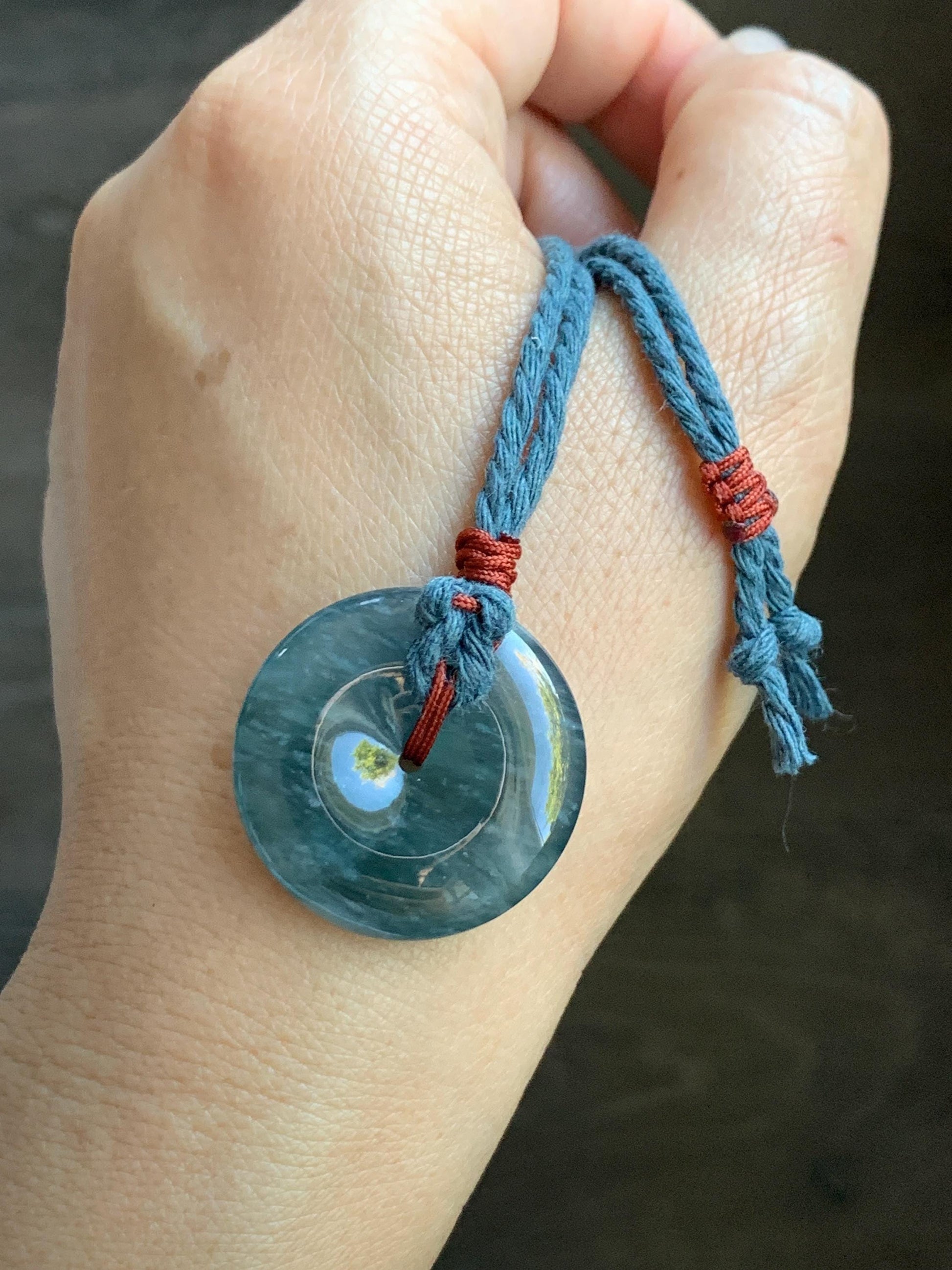 Natural Grade A Guatemalan Icy Highly Translucent Dark Blue Jade Jadeite Ping An Kou Donut Pendant Rope Necklace 25.5" 天然冰胶危蓝翡翠平安扣吊坠 WLK330A