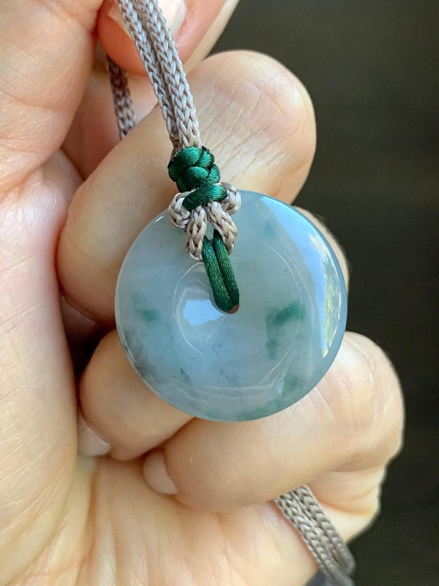 Certified Natural Grade A Icy Translucent Gelatinous Wuji Green Marbled Jadeite Ping An Kou Donut Pendant Rope Necklace 天然冰胶乌鸡飘绿翡翠平安扣吊坠3016