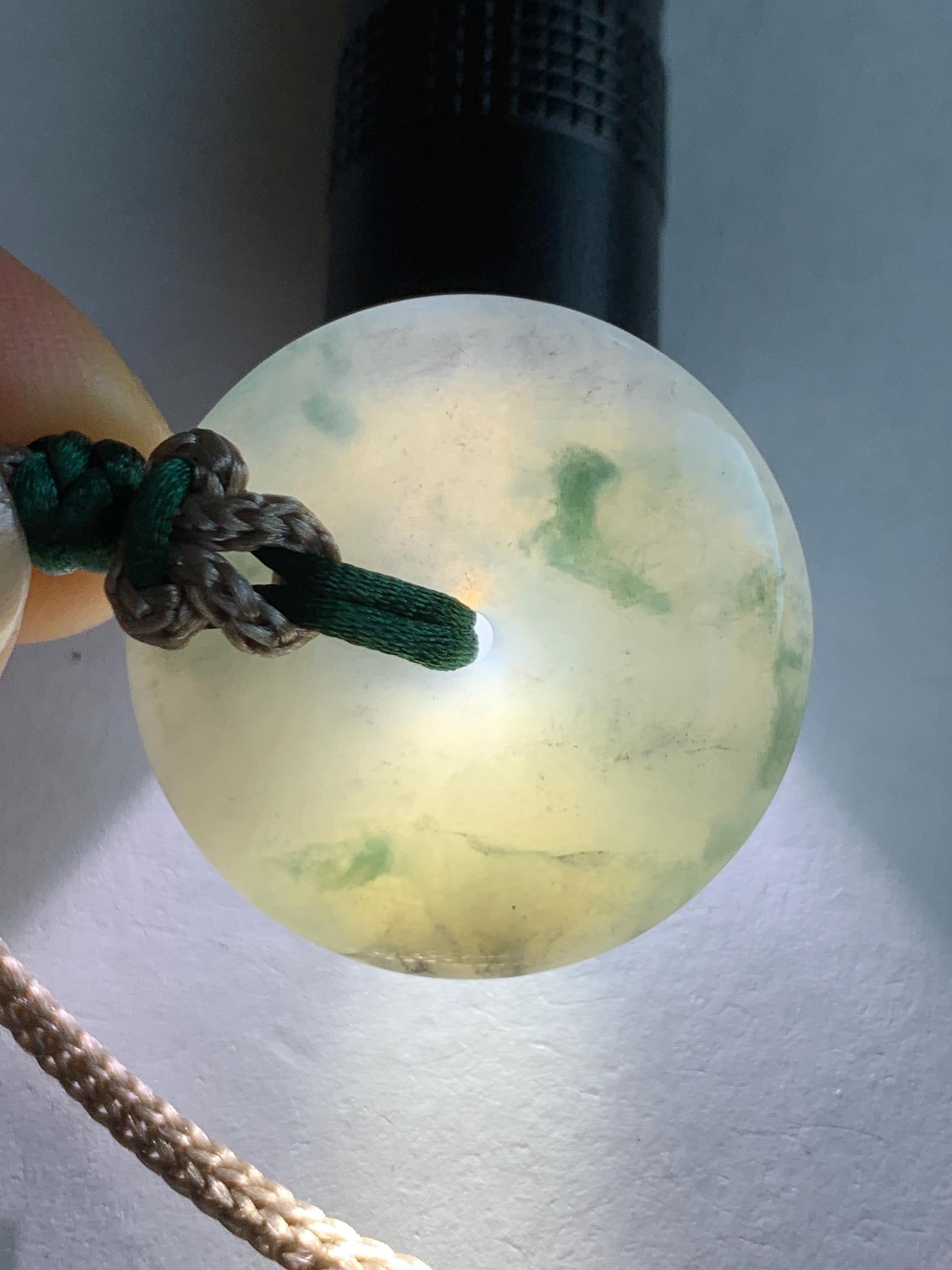 Certified Natural Grade A Icy Translucent Gelatinous Wuji Green Marbled Jadeite Ping An Kou Donut Pendant Rope Necklace 天然冰胶乌鸡飘绿翡翠平安扣吊坠3016